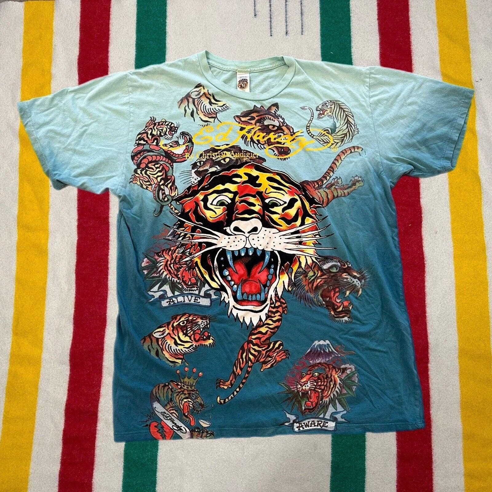 image of Vintage Ed Hardy Shirt Men’S Tiger Tattoo Audigier in Blue, Men's (Size 2XL)