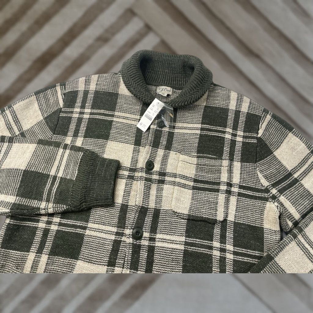 J.Crew J.CREW Men’s Cotton Knit Chore Jacket Sweater Heather Cypress Plaid Medium NWT Size US M / EU 48-50 / 2 - 1 Thumbnail