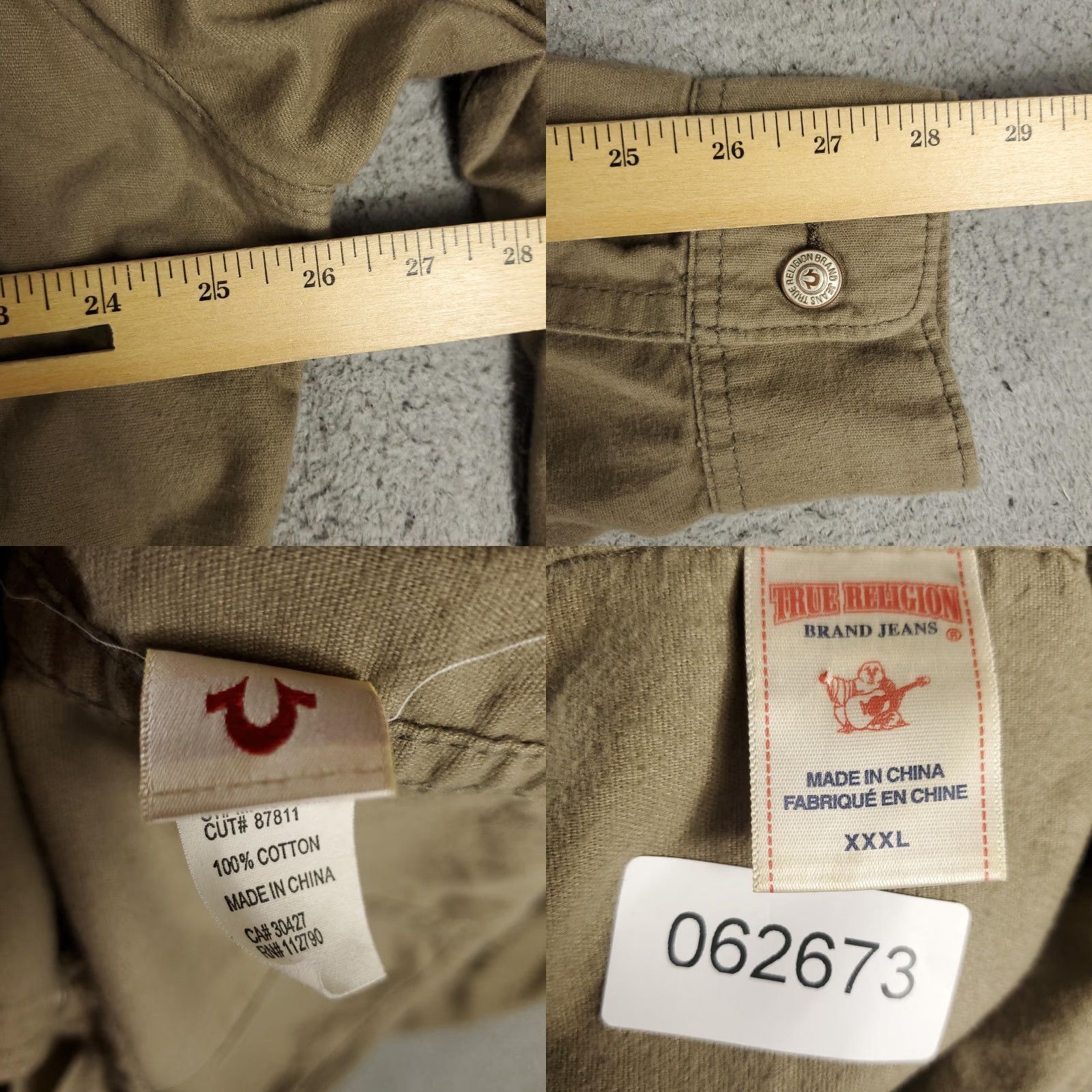 True Religion TRUE RELIGION Shirt Mens 3XL Brown Utility Button Up Long Sleeve Cotton Military Embroidered Pockets Size US XXL / EU 58 / 5 - 8 Thumbnail