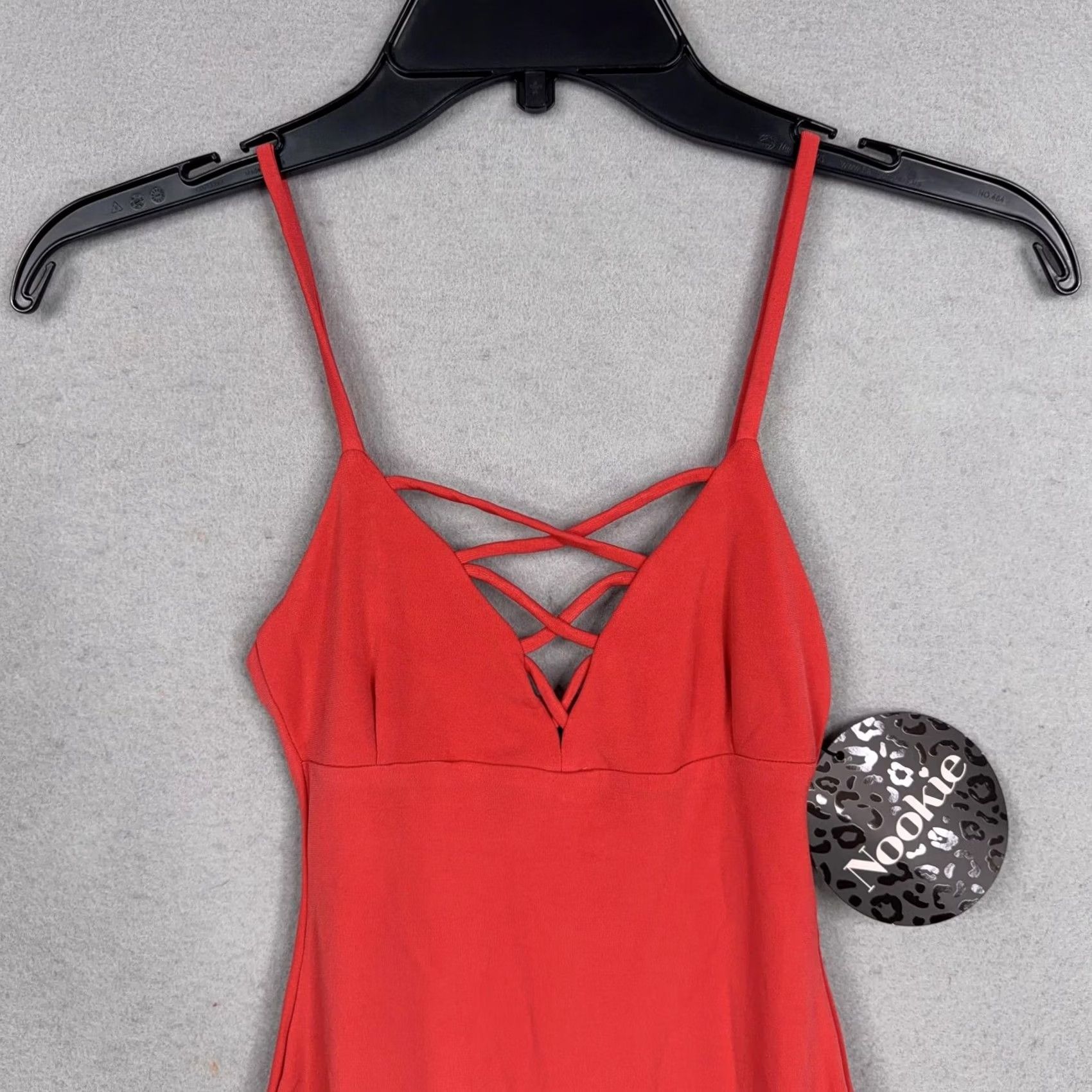 Vintage Nookie Mi Amore Criss Cross Shift Dress Womens 8 Watermelon Red Bodycon Midi V-Neck Spaghetti Crisscross Size M / US 6-8 / IT 42-44 - 2 Thumbnail