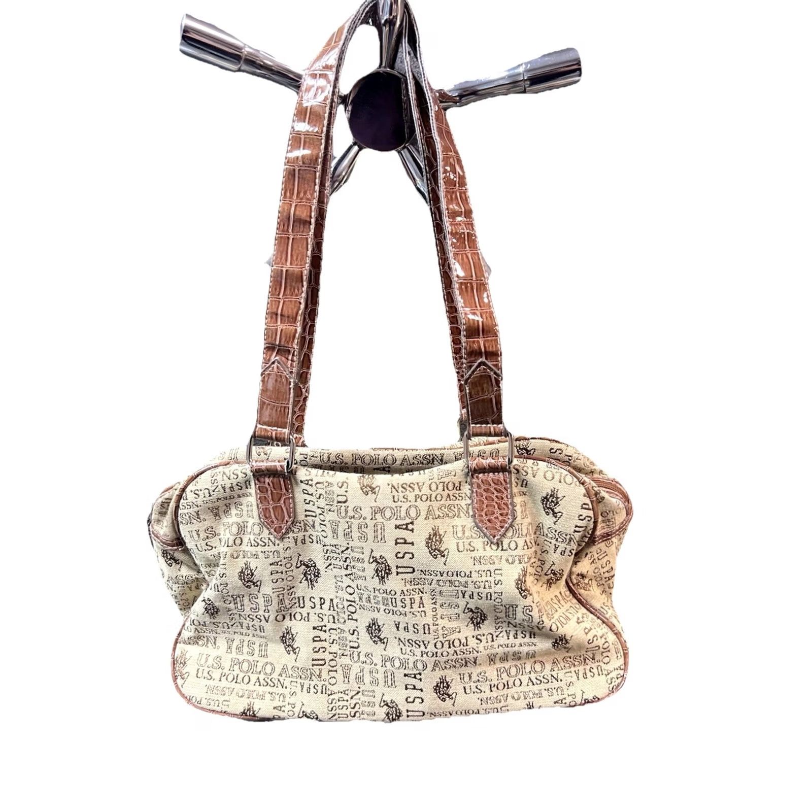 Vintage VINTAGE U.S. Polo Assn Shoulder Bag Purse All Over Logo Print Slouchy Hand Used VTG Women Tan Brown Canvas Bag Size ONE SIZE - 6 Thumbnail