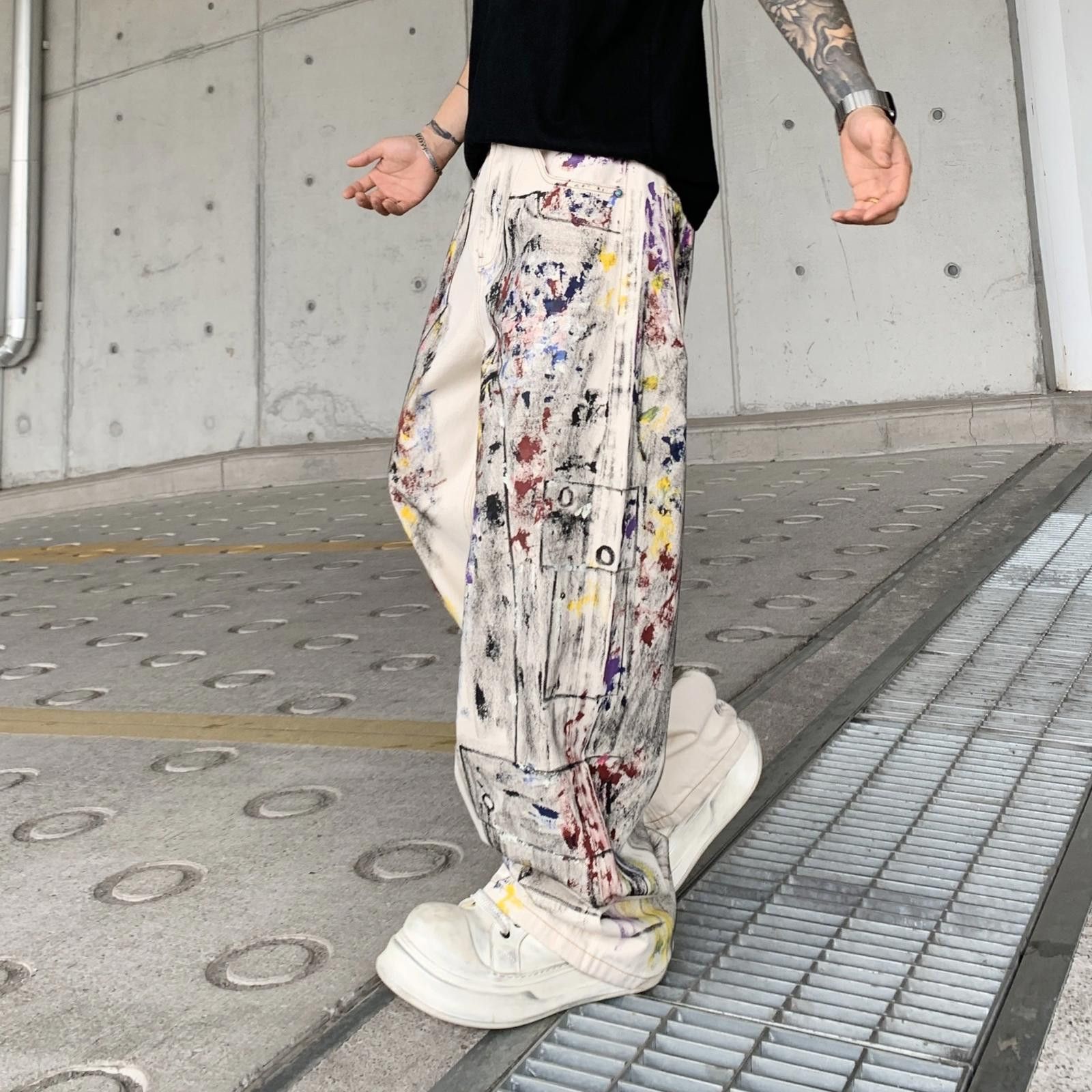 Japanese Brand White Paint-Splattered Baggy Casual Pants, Loose Fit Size US 32 / EU 48 - 3 Thumbnail