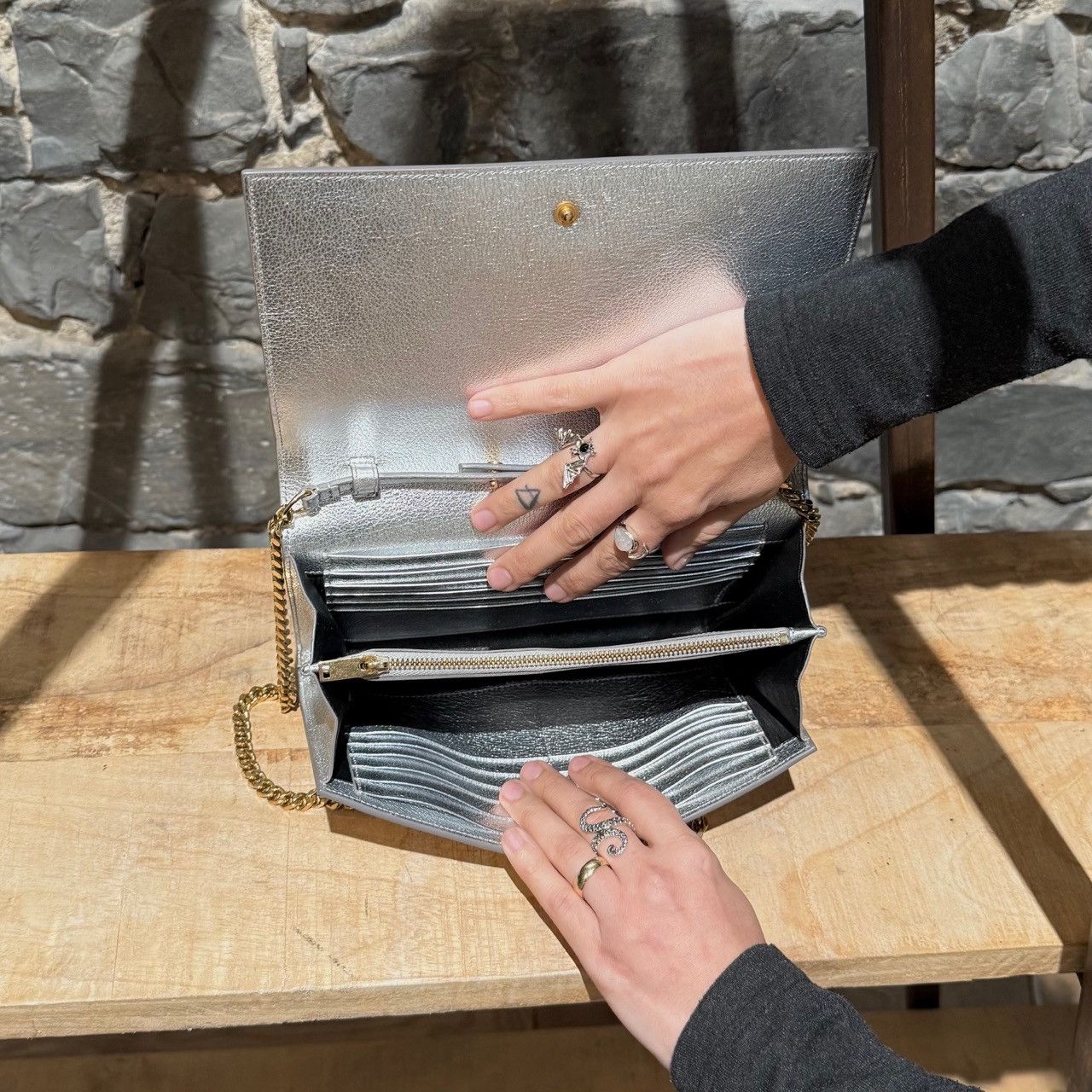 Saint Laurent Paris Saint Laurent Silver Metallic Kate Monogram On Chain Clutch Size ONE SIZE - 15 Thumbnail