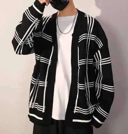 image of New Aw21 Black White Checkered Cardigan Knitwear in Mix, Men's (Size Medium)