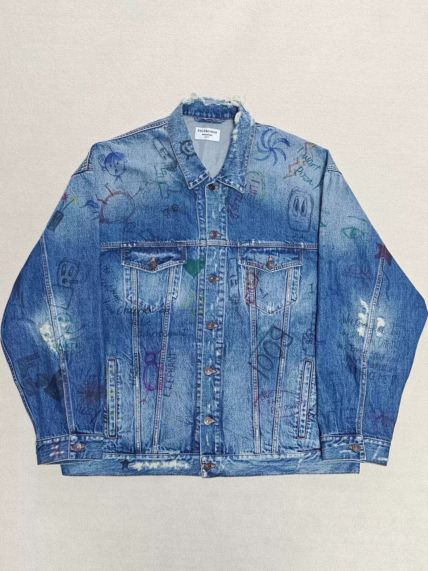 image of Balenciaga 22Ss Graffiti Hand Drawn Damage Distressed Denim Jacket in Blue, Men's (Size Large)