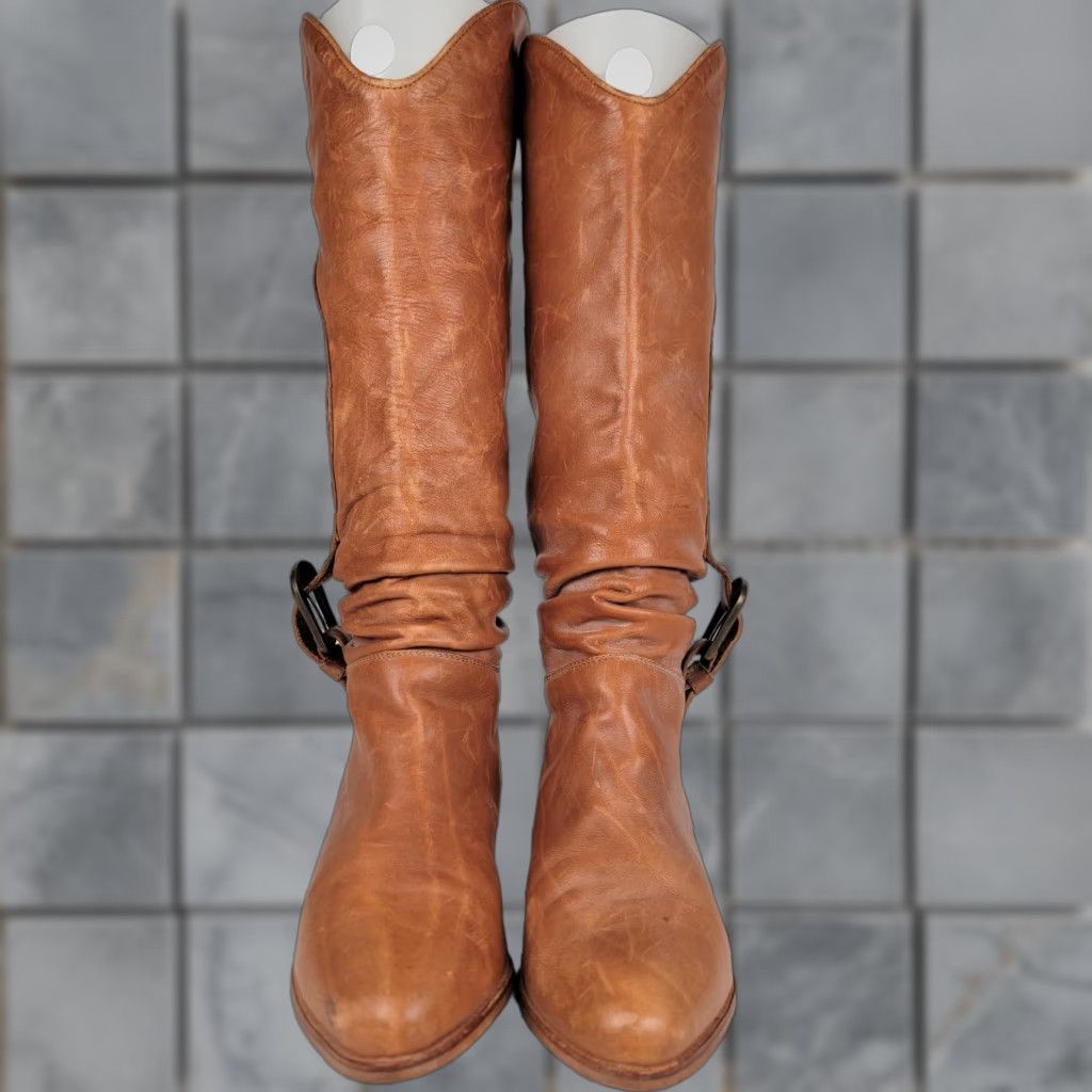 Vintage VINTAGE Wild World Boots Leather Brown Mid-Calf Women 36/6 Casual Party/Cocktail Almond Toe Studded Pull On Flat Heel Riding Boot Italy Womens Size US 6 / IT 36 - 1 Thumbnail