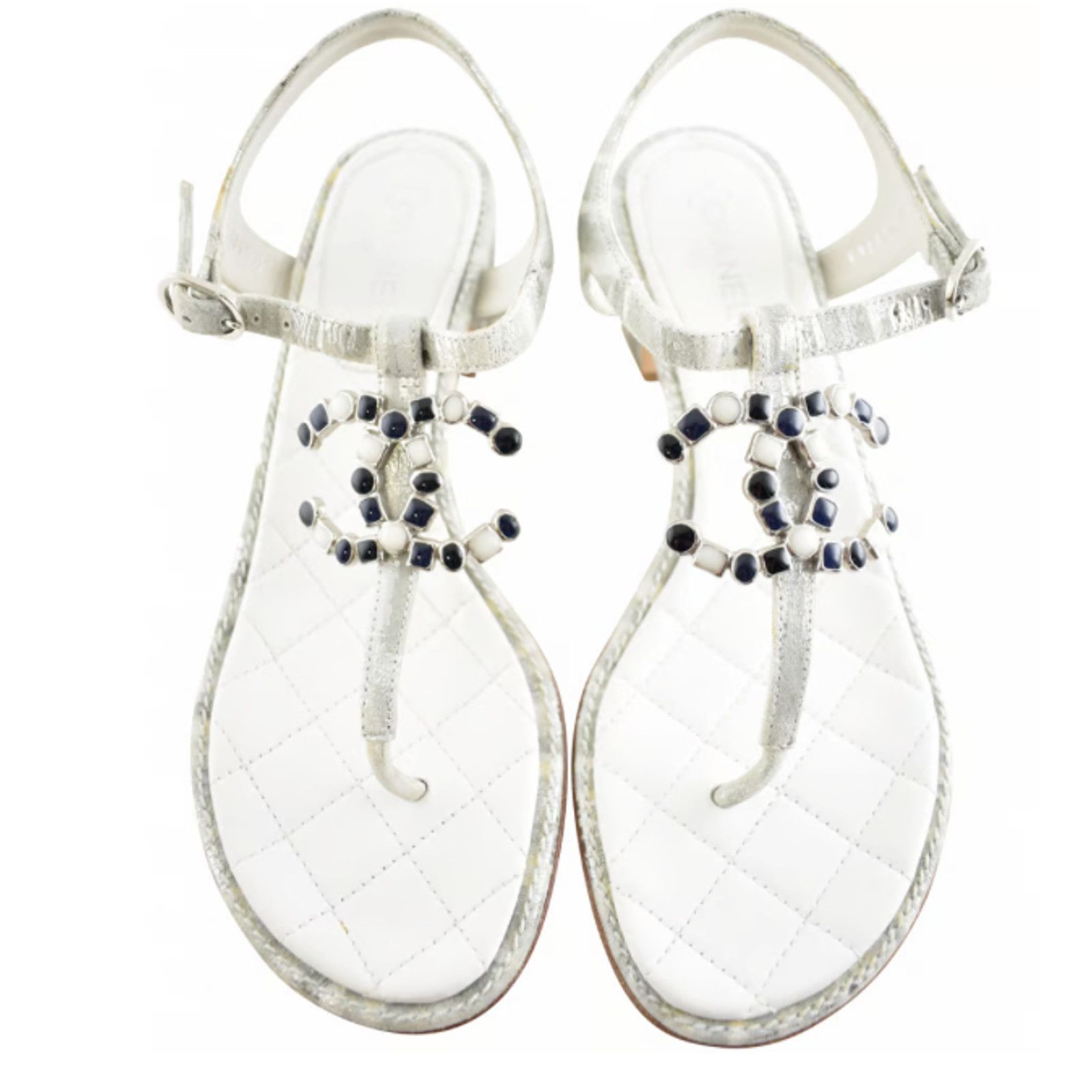 Chanel Chanel 20P White Silver CC Logo Mule Strap Thong Sandal Size US 6.5 / IT 36.5 - 1 Thumbnail