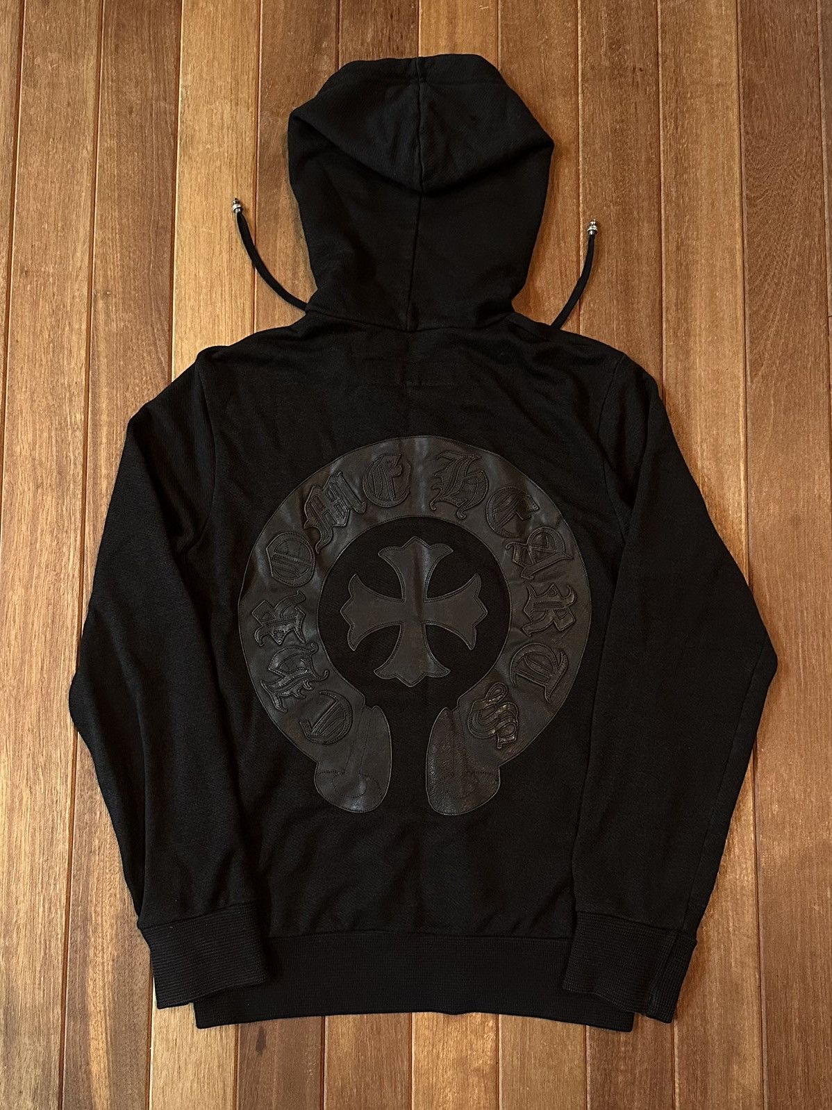 【超希少】Chrome Hearts Leather Patch Hoodie Chrome Hearts CH Logo Cross Leather Patch Black Pullover