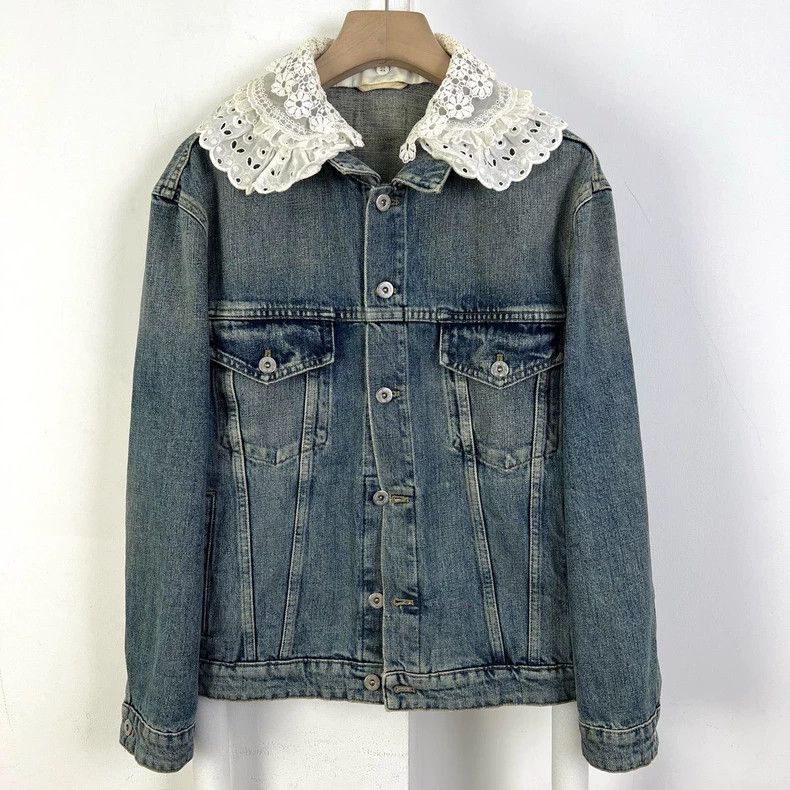 Prada Miumiu Denim Jacket with Lace Collar-2506 Size S / US 4 / IT 40 - 2 Thumbnail