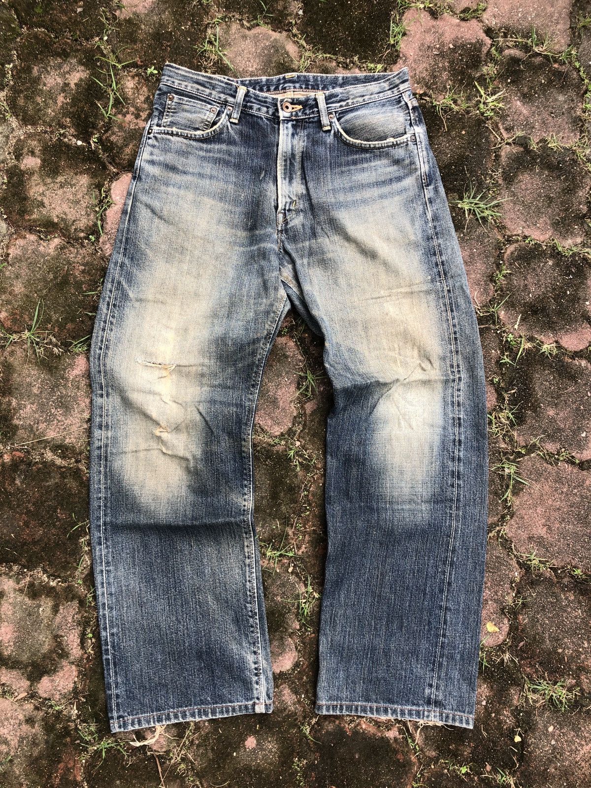 image of Distressed Denim x Edwin Vintage 80's Edwin505Z Selvedge Distressed Jeans in Dark Denim Blue (Size 