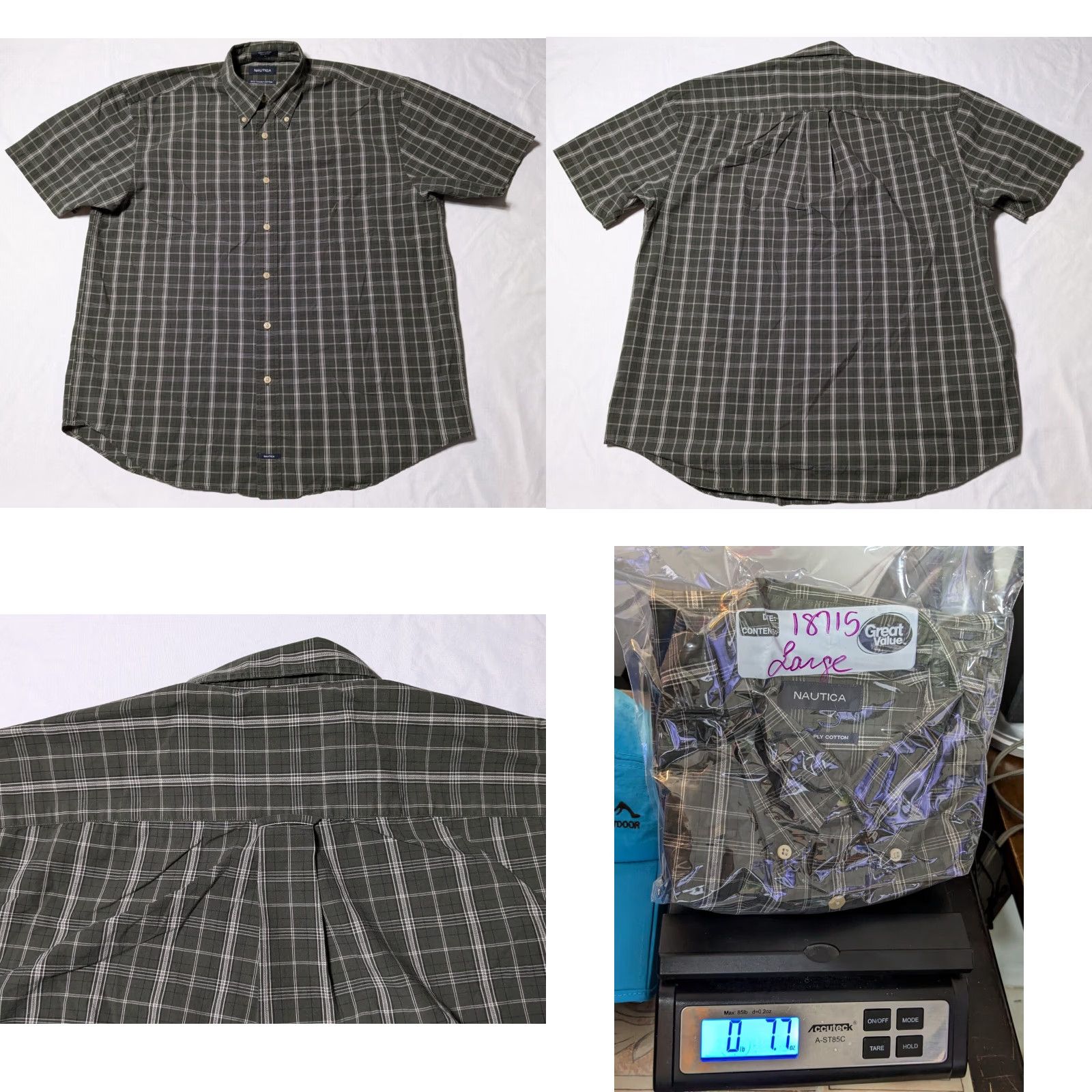 Nautica VTG Nautica 80s Two-Ply Cotton Men Large Green Plaid Button Short Sleeve Shirt Size US L / EU 52-54 / 3 - 9 Thumbnail