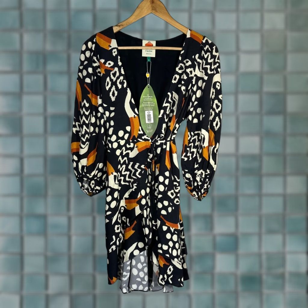 Farm Rio FARM Rio Wrap Dress XS NWT Black Tucano Multicolor Tropical Puff Sleeve V-Neck Ruffle Hem Tie Short Dress Women Size XS / US 0-2 / IT 36-38 - 1 Thumbnail