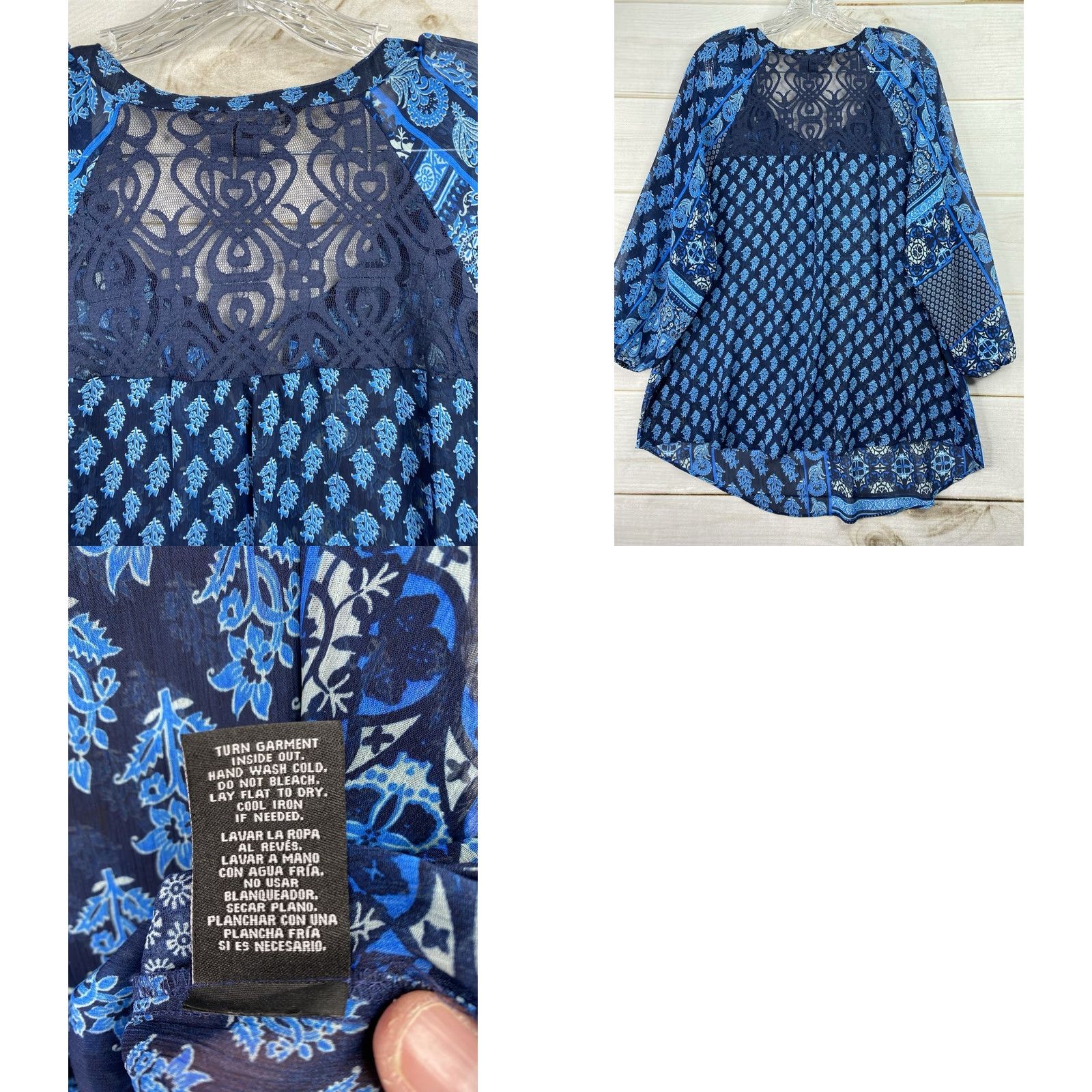Vintage Zac & Rachel Top Womens 1X Blue Floral Lace Embroidered Tie Neck Lightweight Shirt Adult Plus 1X Blue Embroidered Floral V-Neck 3/4 Sleeve Size XL / US 12-14 / IT 48-50 - 8 Thumbnail
