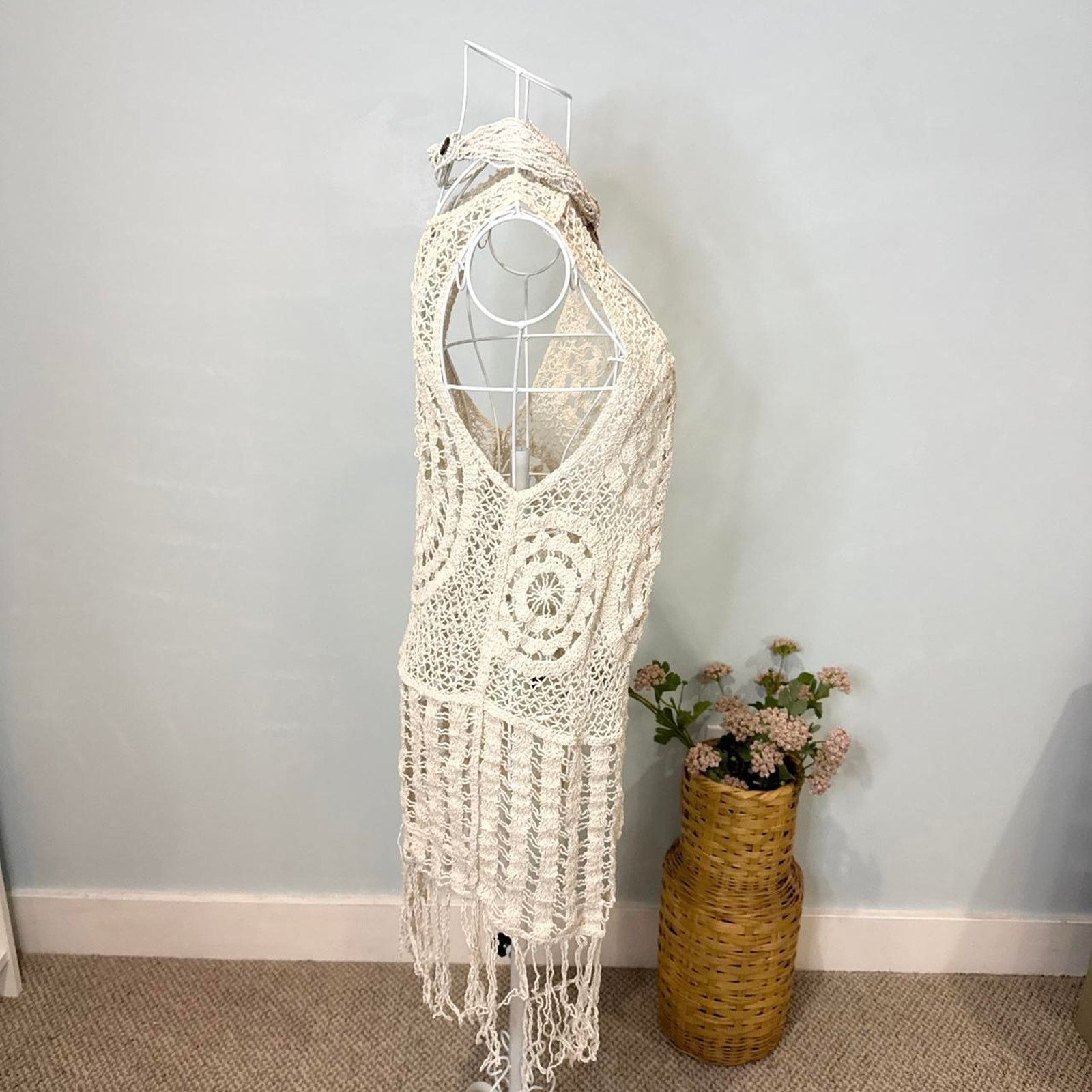 American Rag Cream vintage sheer embroidered lace vest crochet duster Size S / US 4 / IT 40 - 3 Thumbnail