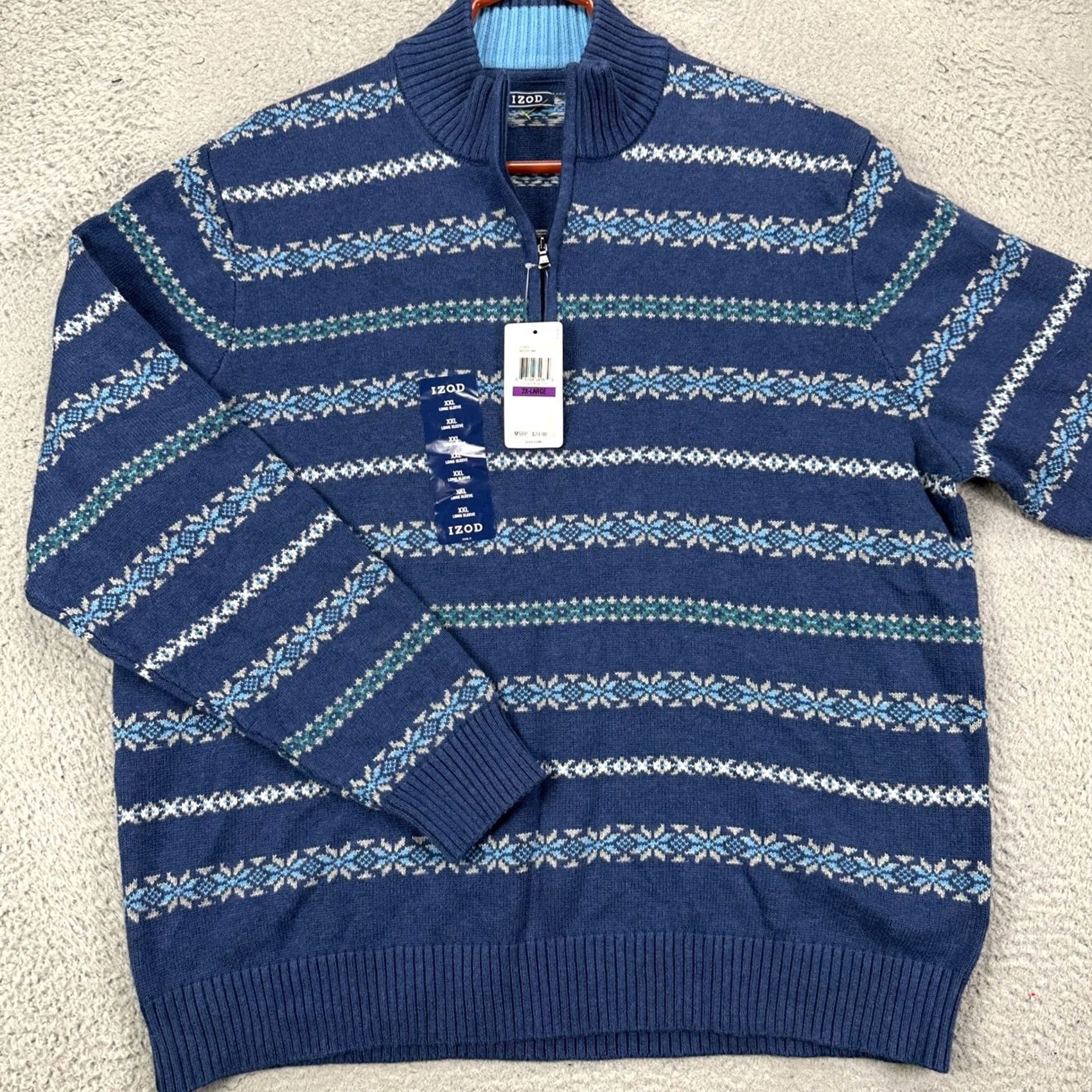 Izod VINTAGE? Izod Sweater Pullover Mens 2XL Blue Knit Geometric Quarter Zip Long Sleeve NEW Size US XXL / EU 58 / 5 - 2 Thumbnail