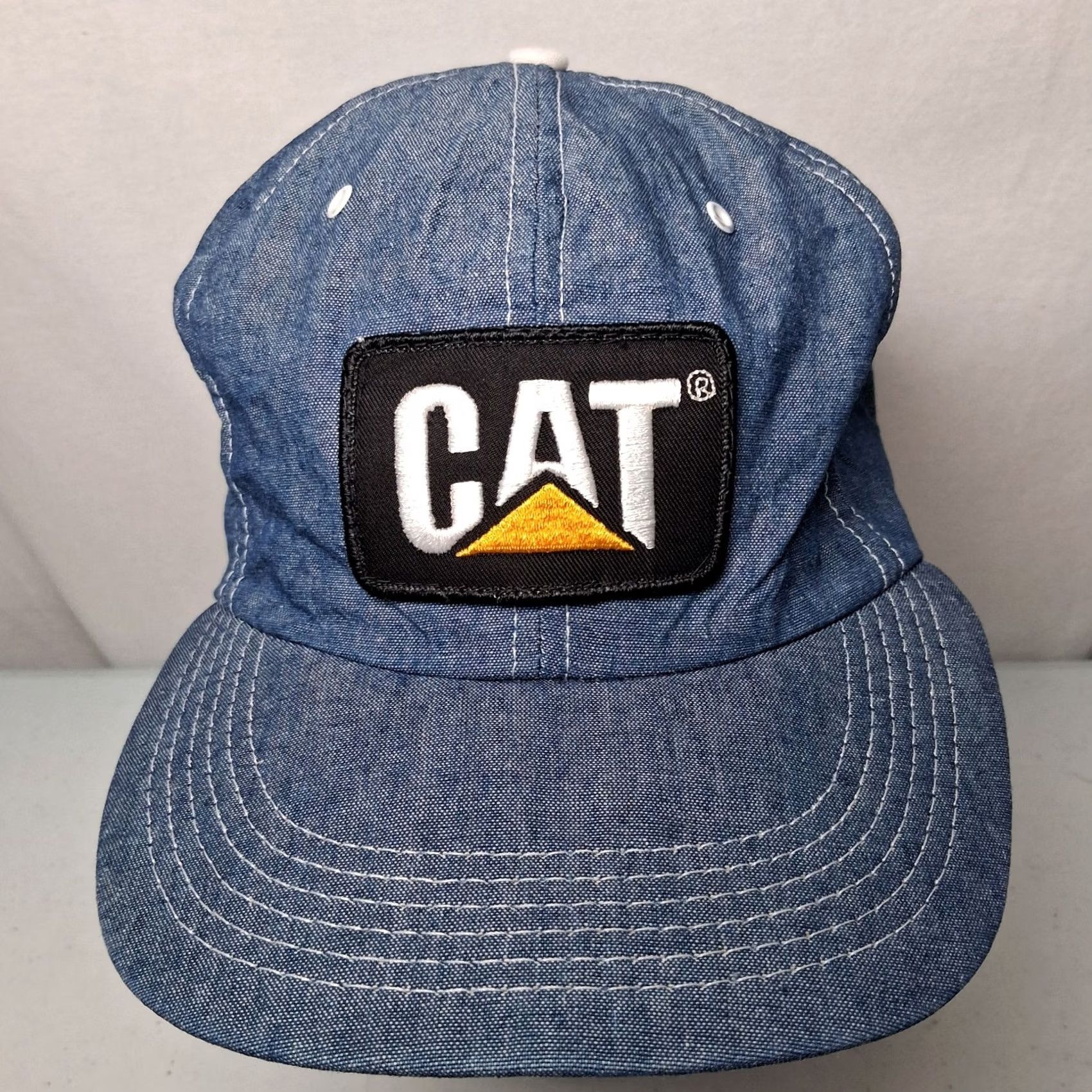 Caterpillar VINTAGE Caterpillar CAT Cap Hat Blue Chambray Denim Snap Back Work USA Size ONE SIZE - 2 Thumbnail