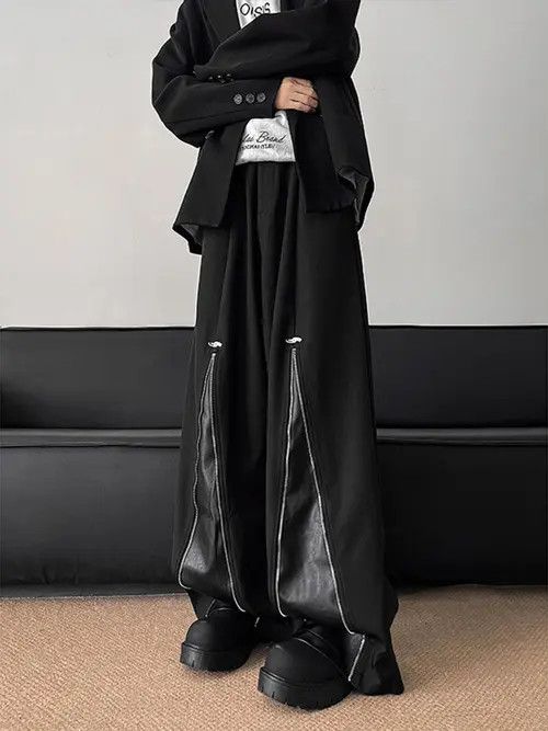 VIBE Black Wide-Leg Pants with Leather Accents Size US 31 - 1 Thumbnail