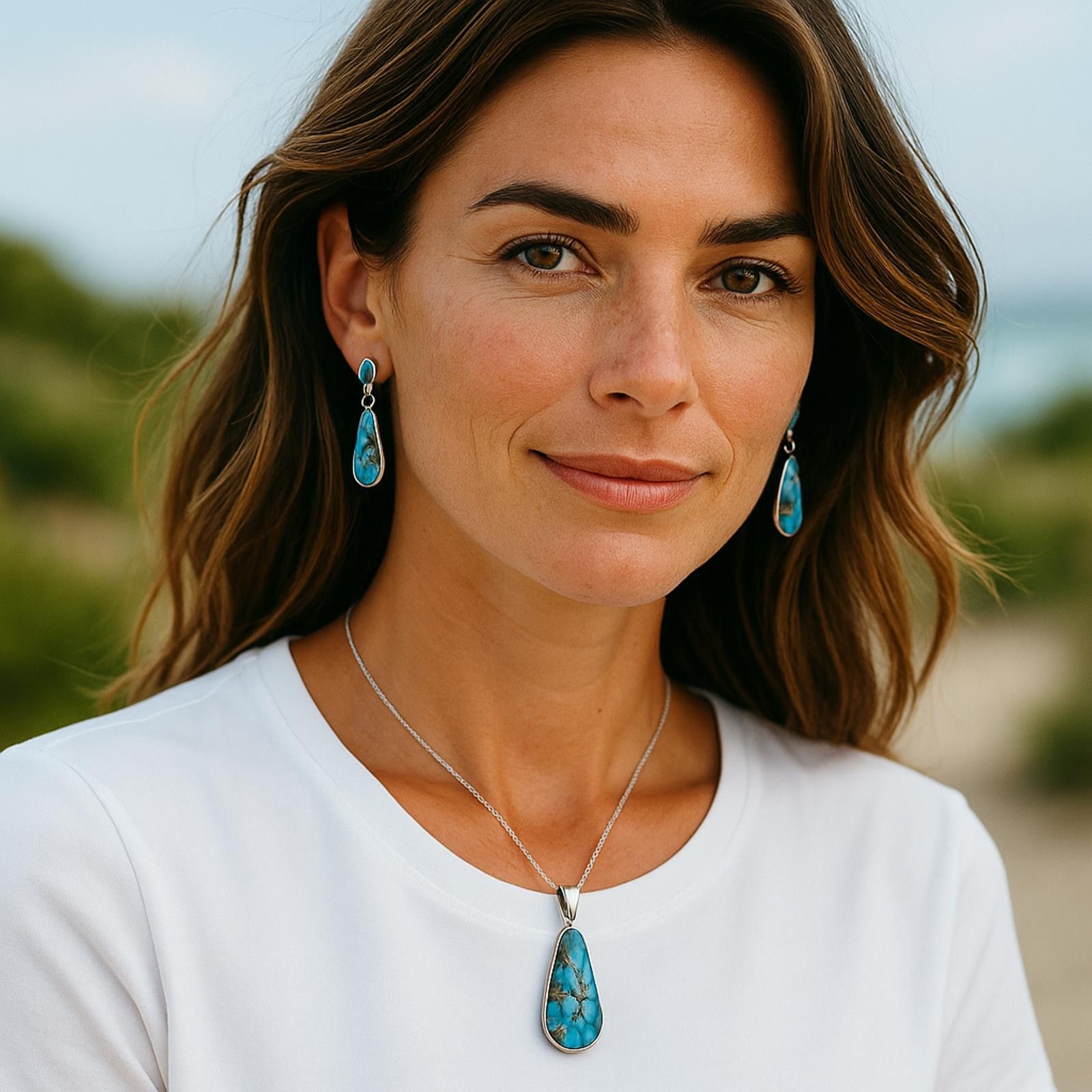 Designer Sterling Silver Genuine Turquoise Necklace and Earrings Set Size ONE SIZE - 2 Thumbnail
