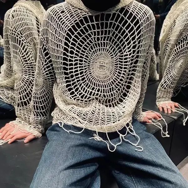 VIBE Y2K Spider Web with Holes Hooded Pullover Knitted Sweater Size US XL / EU 56 / 4 - 2 Thumbnail