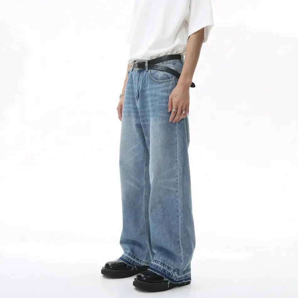 Retro loose straight leg fringed jeans