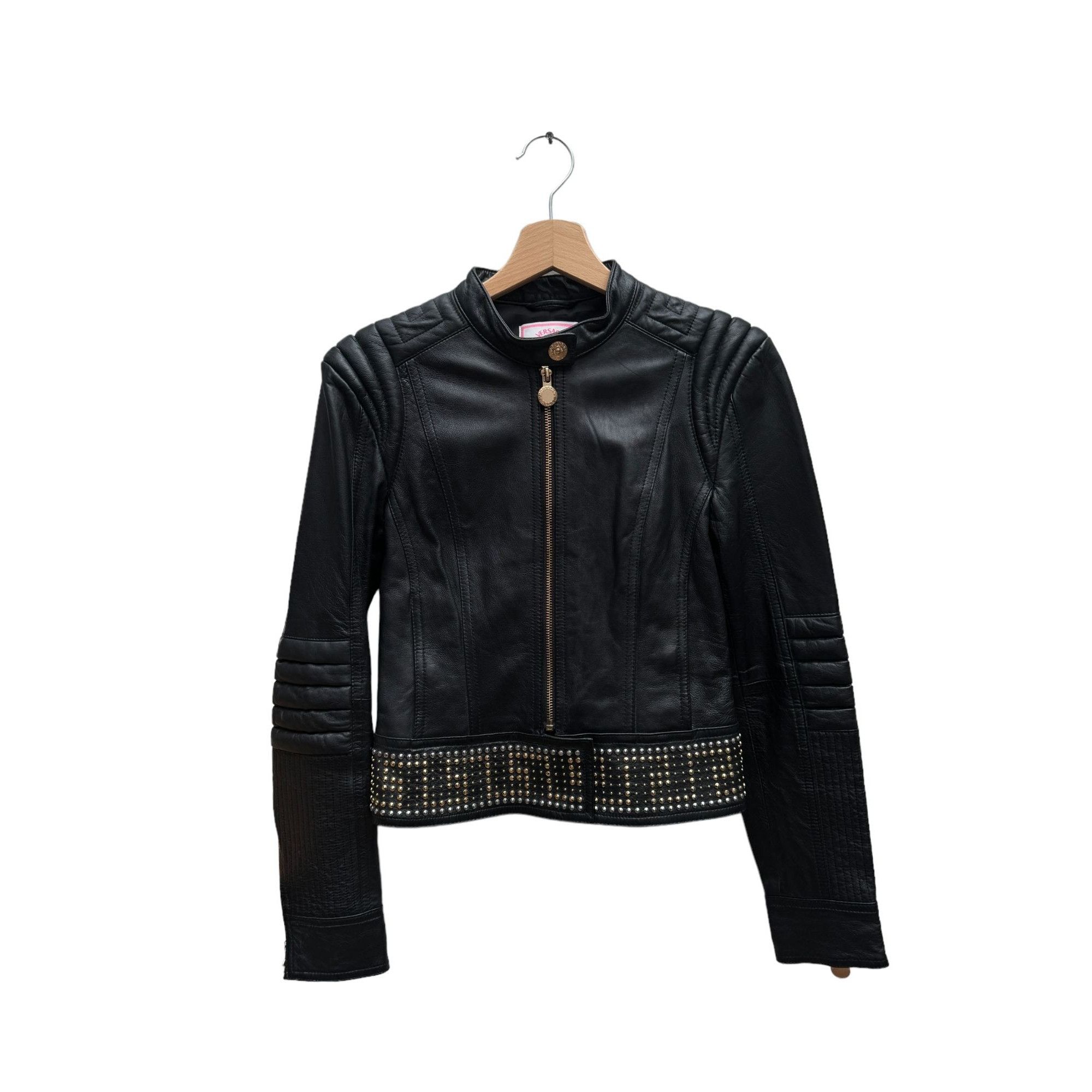 Image of Versace Women's Studded Leather Biker Jacket in Black (Size XS)