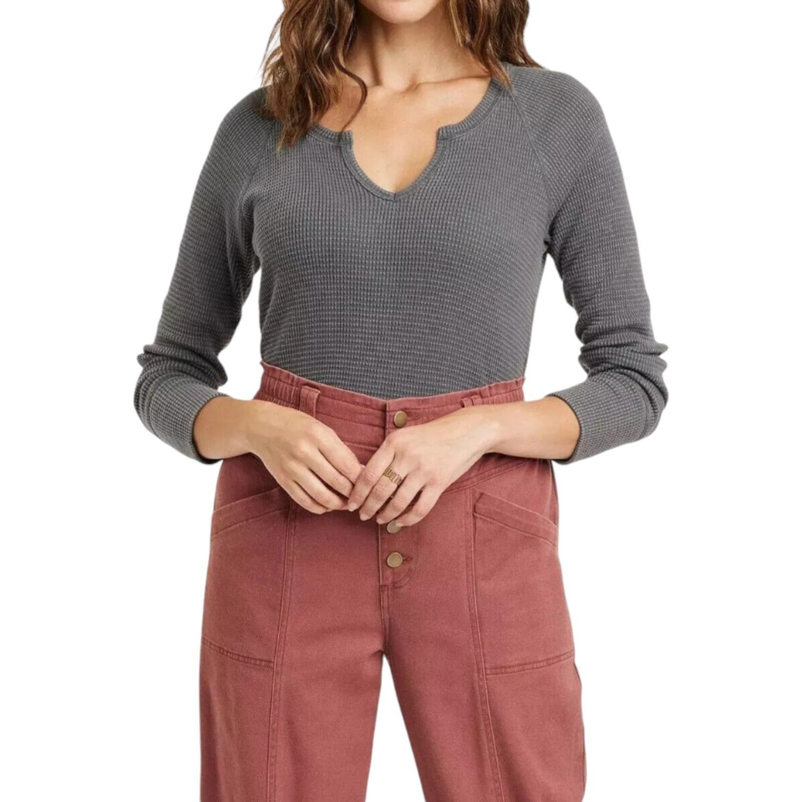 Other Knox Rose - Women's Long Sleeve Notch Neck Thermal Top - Dar Size M / US 6-8 / IT 42-44 - 1 Thumbnail