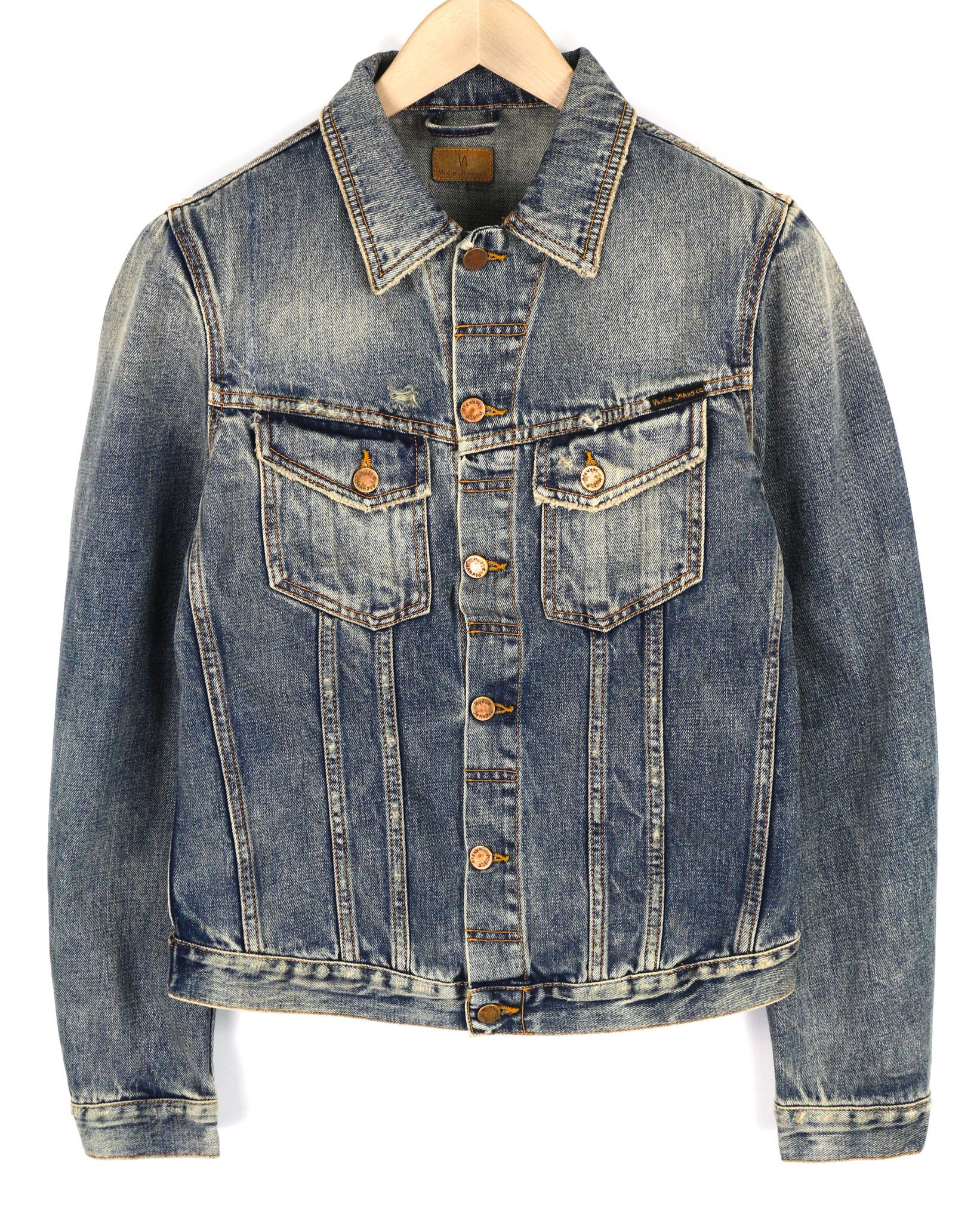 Nudie Jeans BILLY S Shimmering Indigo Ripped Polo Logo Jacket 82487 Size US S / EU 44-46 / 1 - 1 Thumbnail