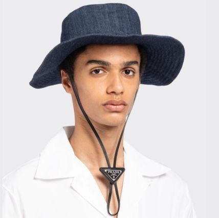 image of Prada Wide Brim Hat With Logo Chin Strap M in Denim, Men's
