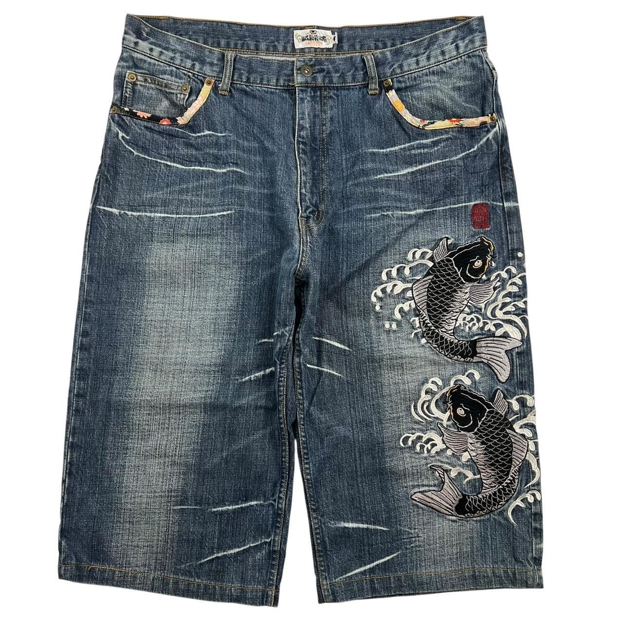 Karakuri Tamashii Embroidered Koi Fish Denim Shorts Waist 38