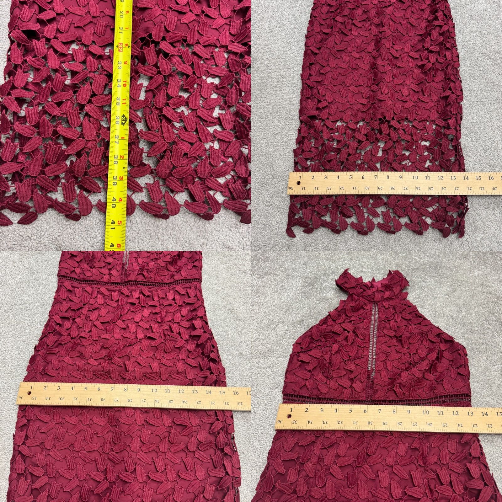 Vintage Bardot Dress Women 4 XS Burgundy Lace Halter Backless Cocktail Knee Length Sheath Party Size S / US 4 / IT 40 - 9 Thumbnail