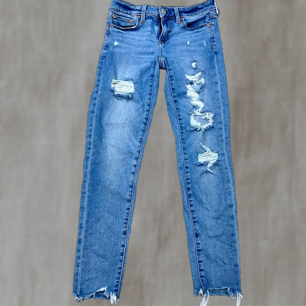 American Eagle Outfitters VINTAGE American Eagle Jeans Women 4 Jegging Mid Rise Stretch Pants Holes Raw Hem Size 27" / US 4 / IT 40 - 1 Thumbnail