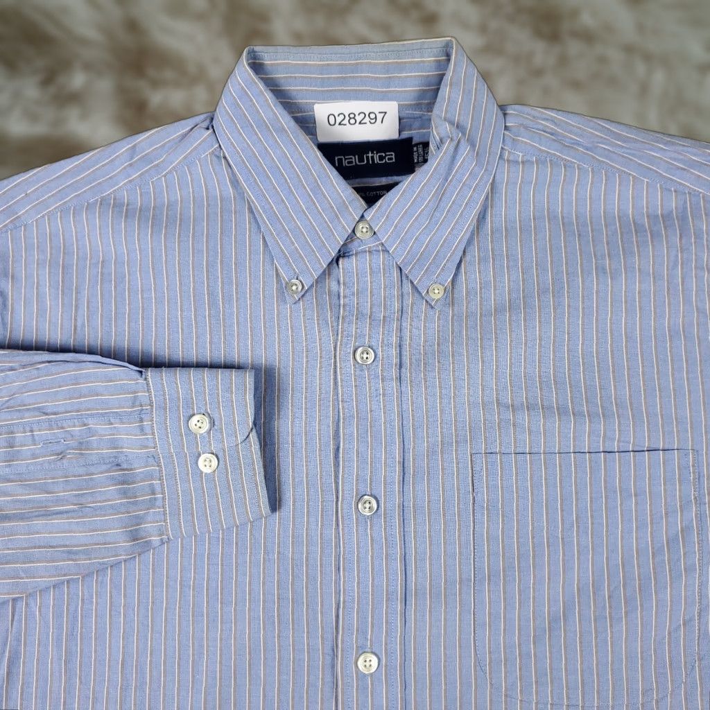 Nautica Nautica Blue Striped Dress Shirt Mens Size 15.5 Long Sleeve Button Up Classic Casual Size 40R - 1 Thumbnail