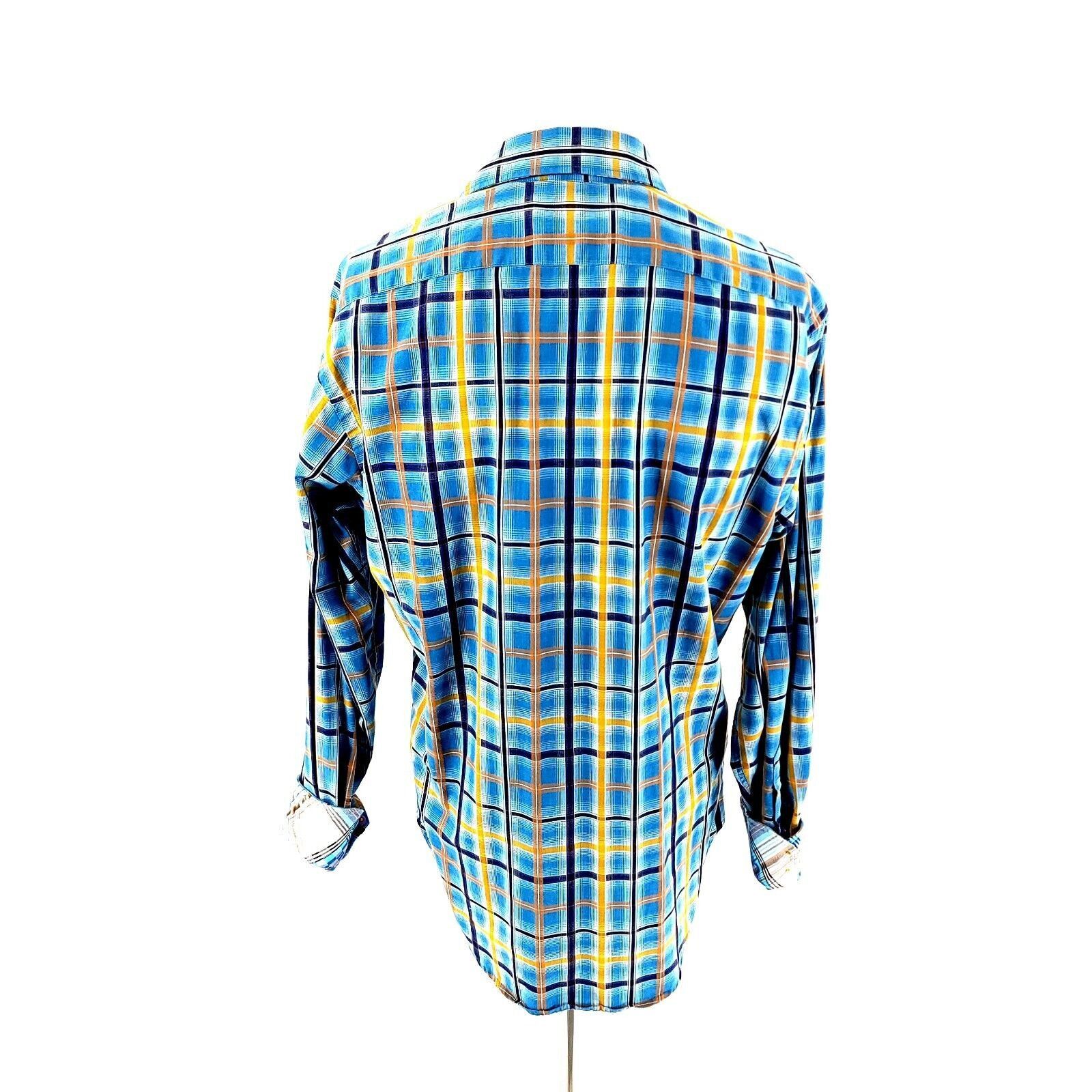 Designer Thomas Dean Small Blue Yellow Windowpane Flip Cuff Button Fr Size US S / EU 44-46 / 1 - 5 Thumbnail