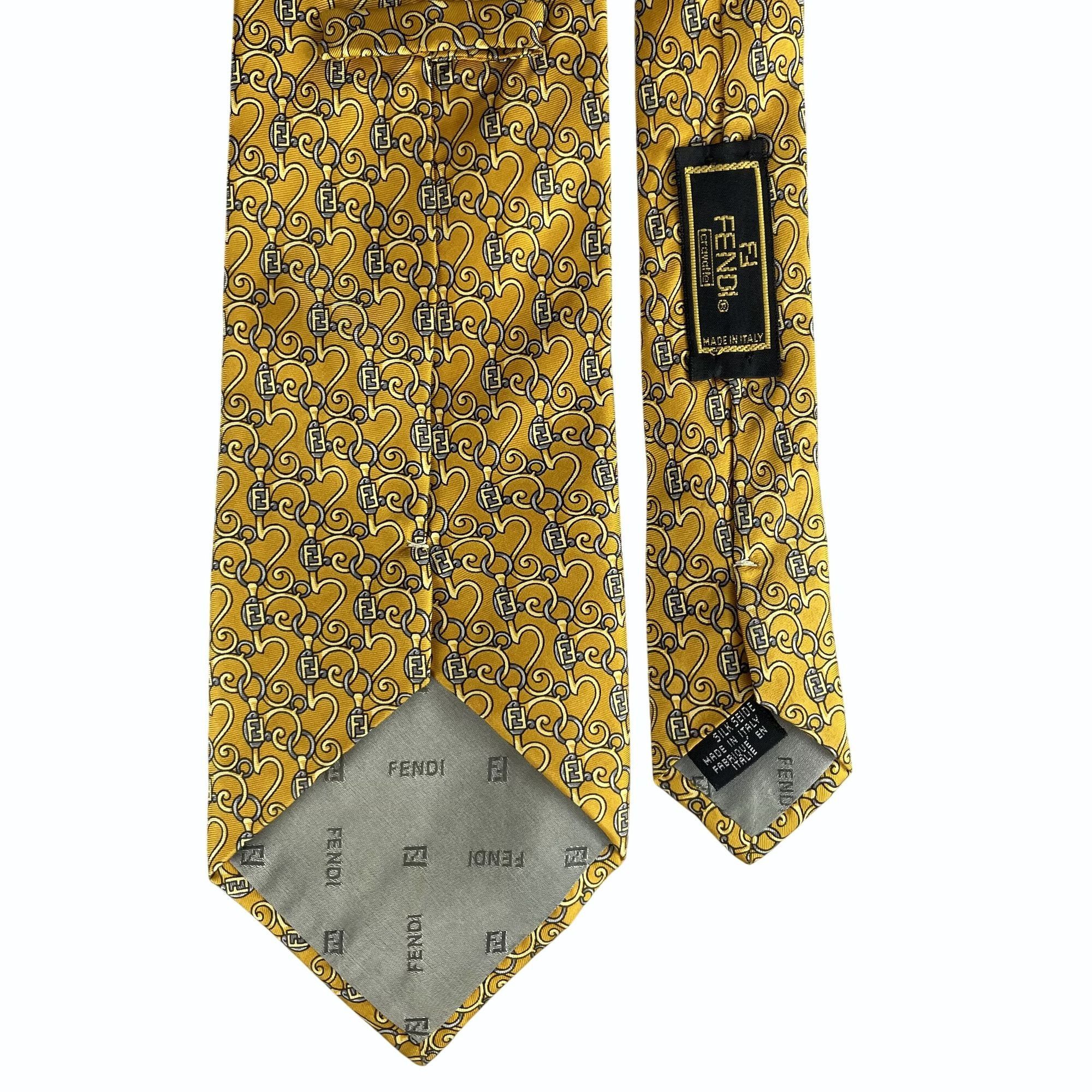 Fendi Fendi Monogram Scroll Pattern Gold & Gray Silk Tie Size ONE SIZE - 8 Thumbnail