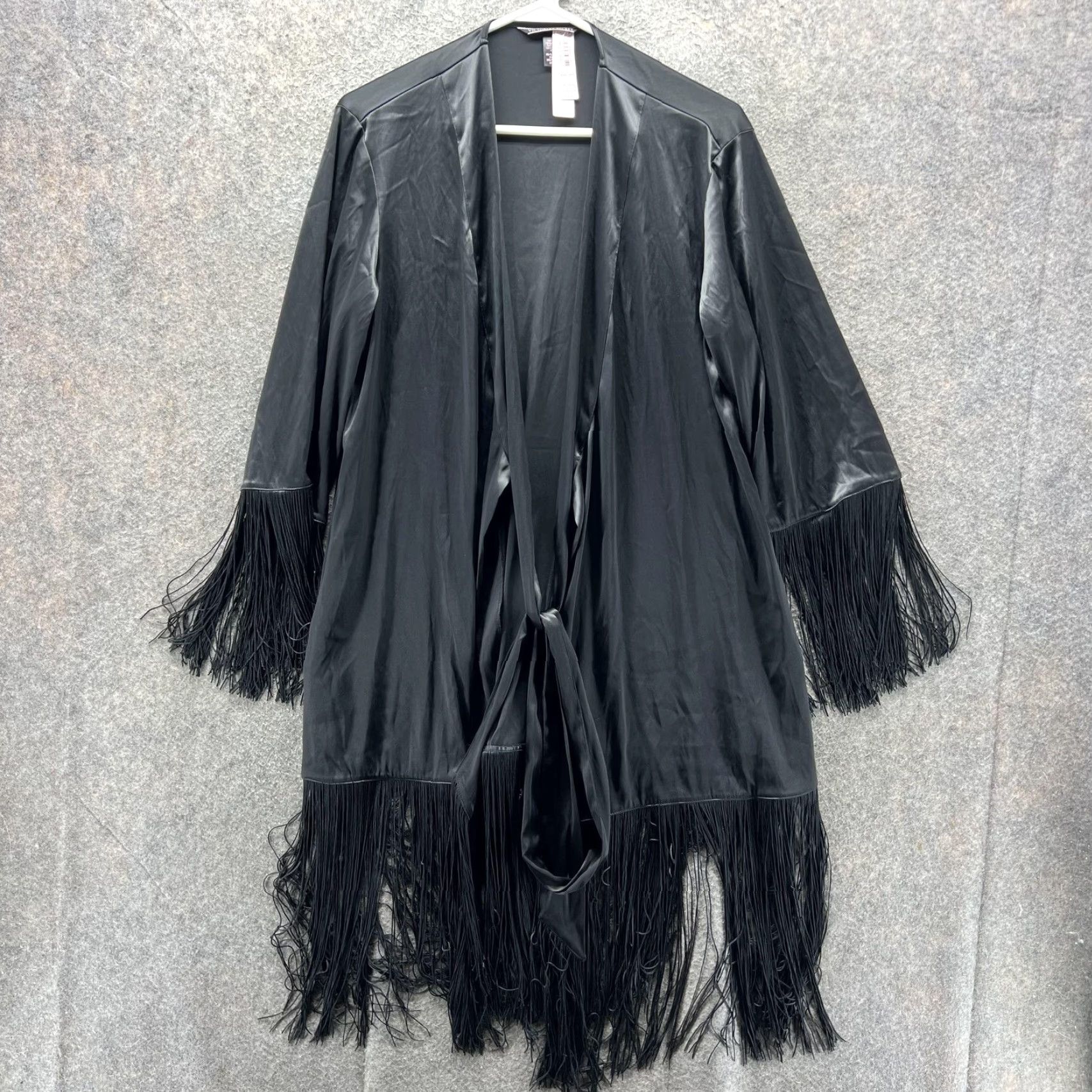 Victoria's Secret Victoria's Secret Kimono Robe Womens XS/S Black Satin Fringe Belted Lounge Size ONE SIZE - 2 Thumbnail