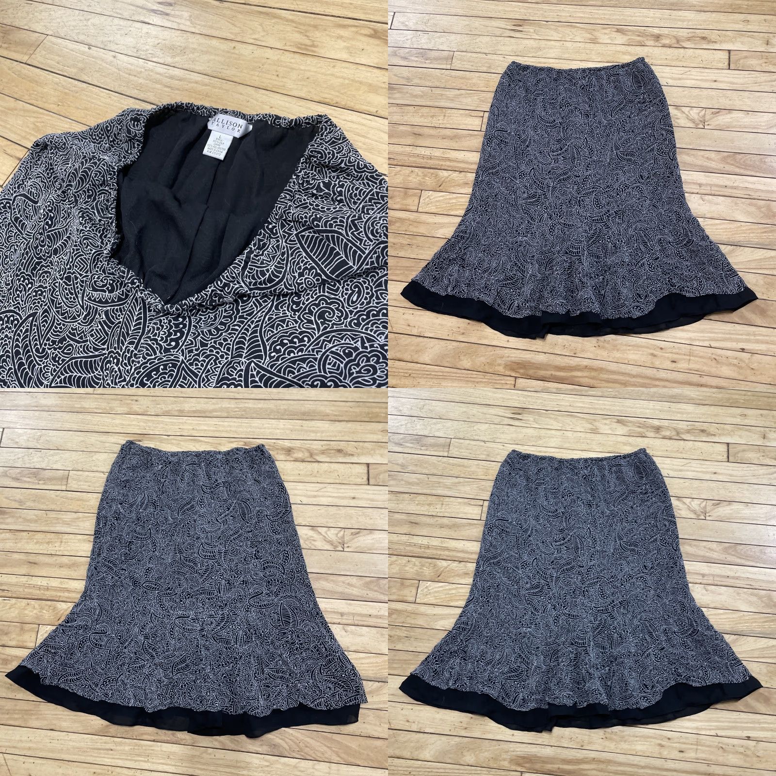 Vintage VINTAGE Allison Taylor Women’s Silk Skirt Pull On Black Light Gray Floral Long 90s Bohemian Silk Lined Asymmetric Casual Womens Size 36" / US 14 / IT 50 - 9 Thumbnail