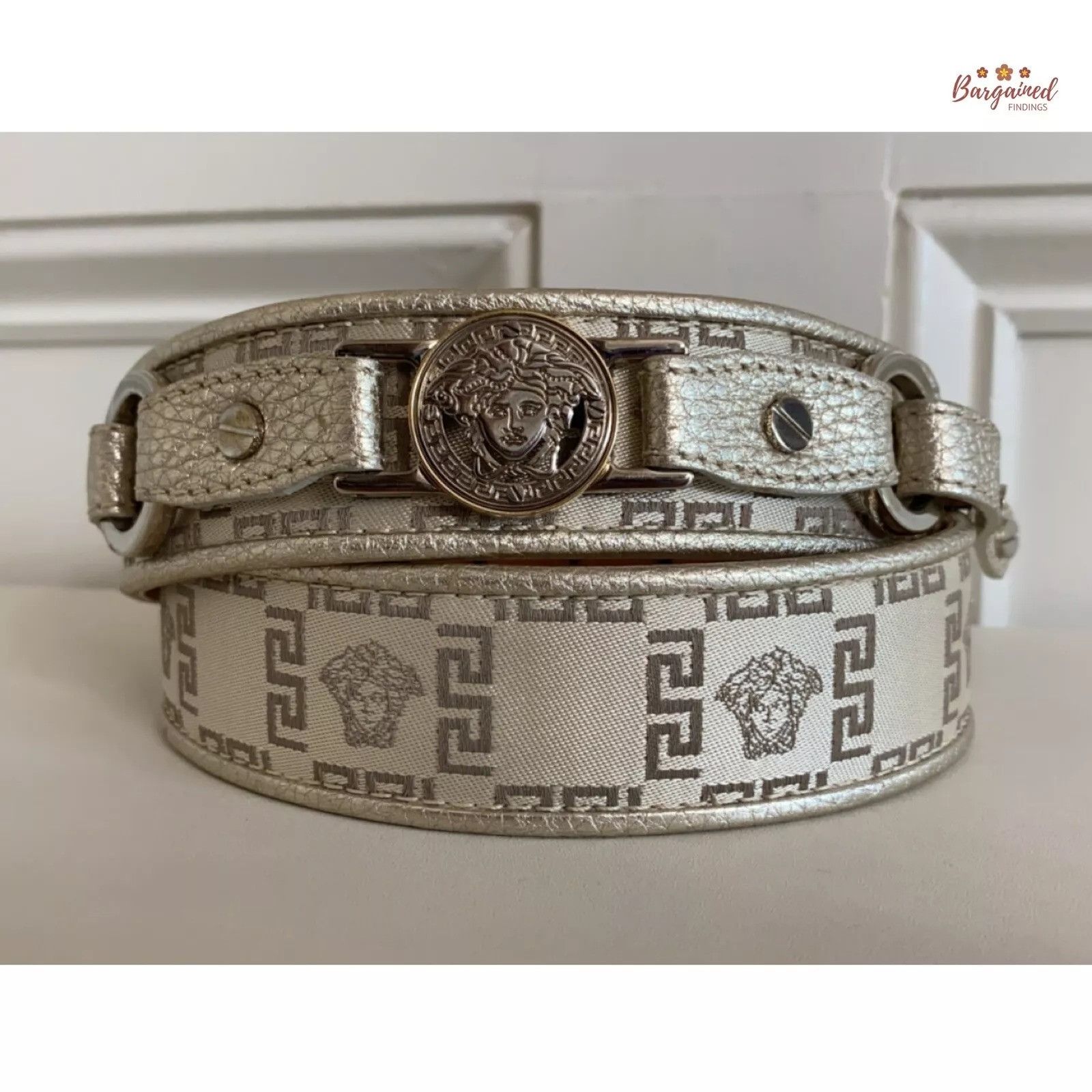 Versace Versace Metallic Leather Neutrals Nylon Medusa Insignia Belt Size 30 - 1 Thumbnail