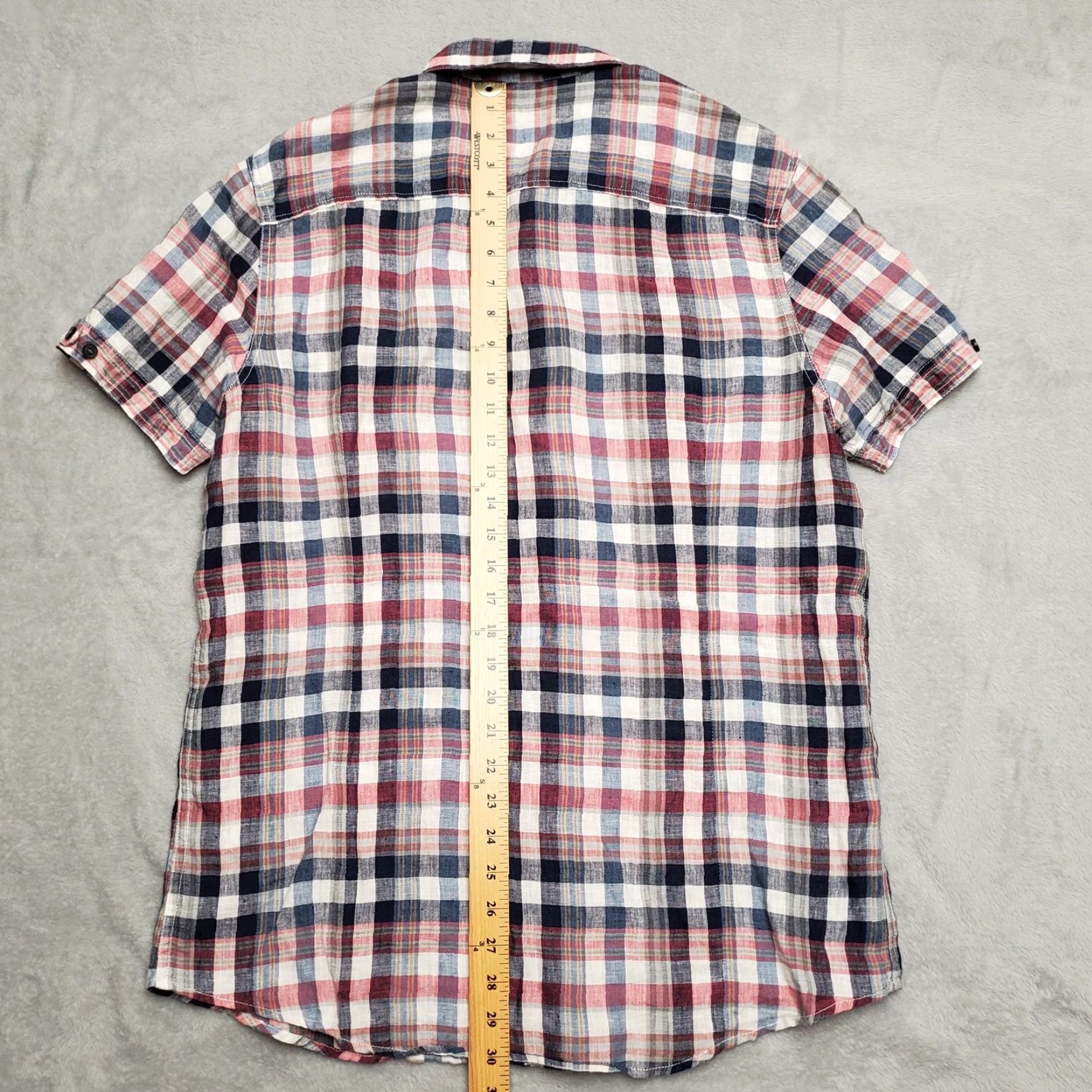 Murano Murano Shirt Mens L Blue Pink Plaid 100% Linen Short Sleeve Button Fitted Size US L / EU 52-54 / 3 - 5 Thumbnail