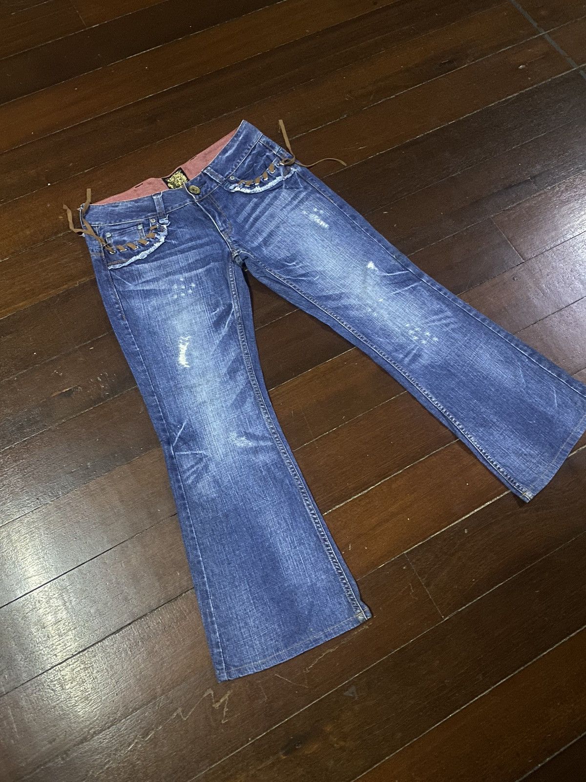 If Six Was Nine × Le Grande Bleu (L.G.B.) × Tornado Mart Flare Jeans Back Number Distress Faded Denim Bootcut Y2k Size 33" - 2 Thumbnail