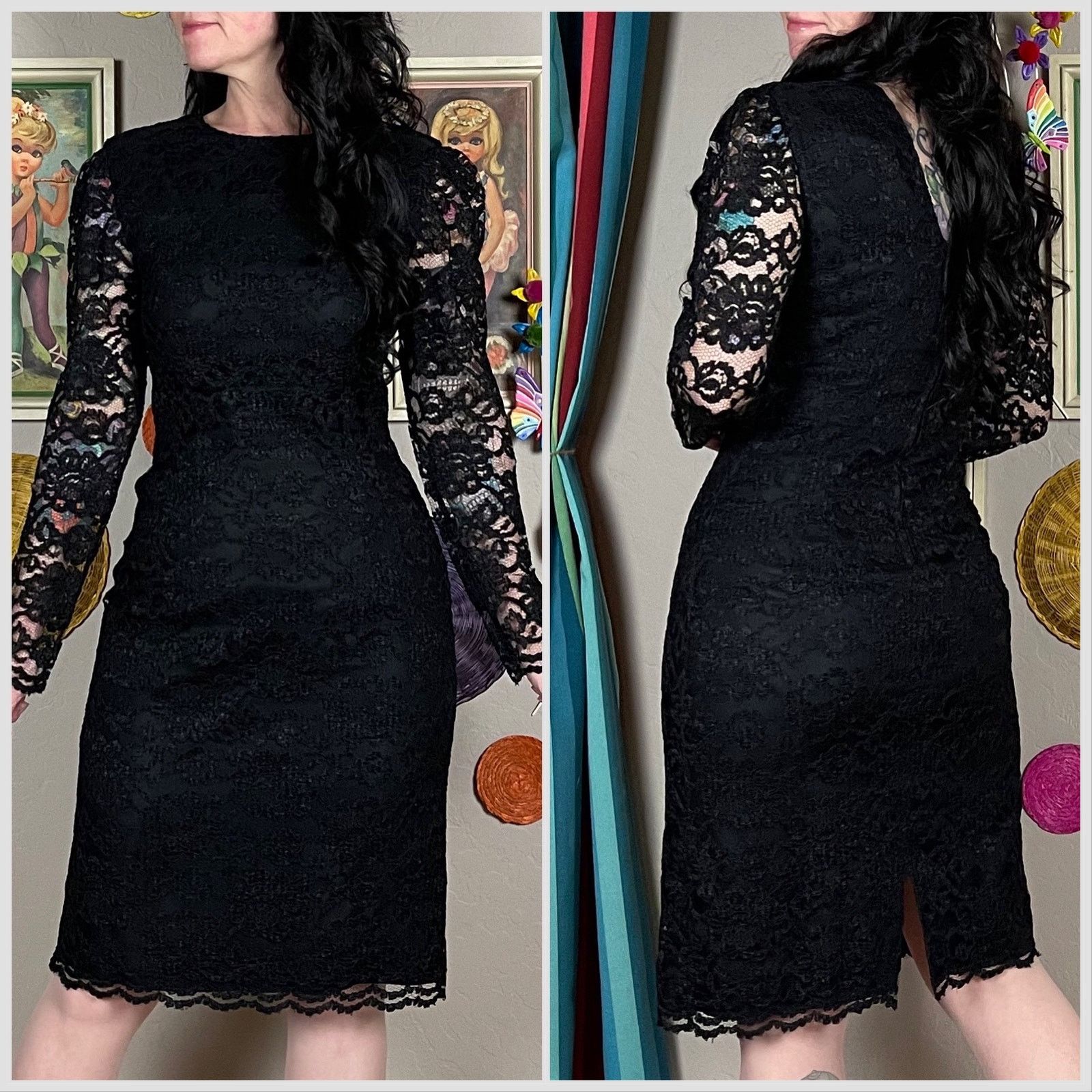 Vintage 1980s Black Lace Illusion Long Sleeve Mini Wiggle Dress Size XS / US 0-2 / IT 36-38 - 3 Thumbnail