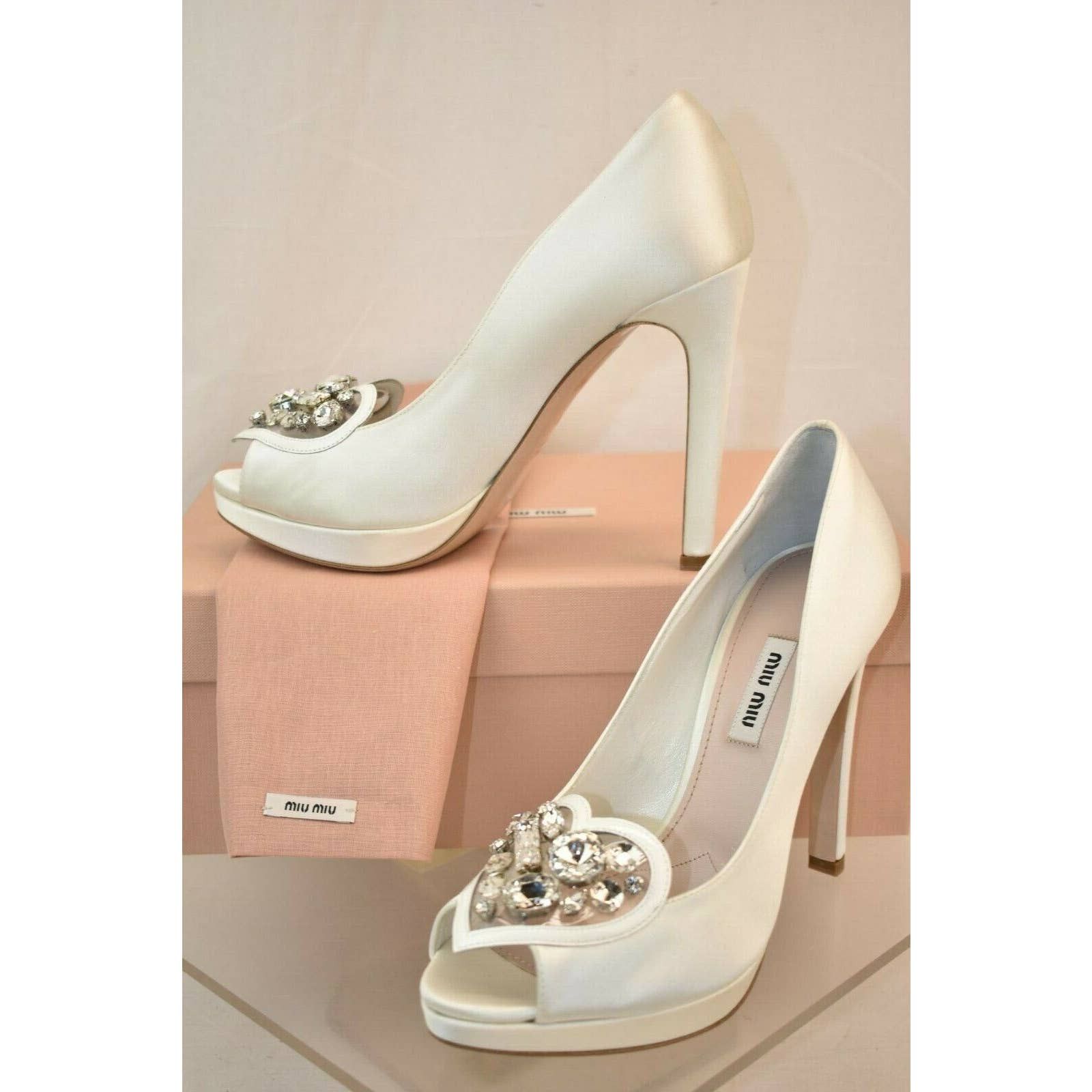 image of Miu Miu White Satin Jeweled Crystals Platform Peep Wedding Pumps 40 Shoes, Women's (Size 10)
