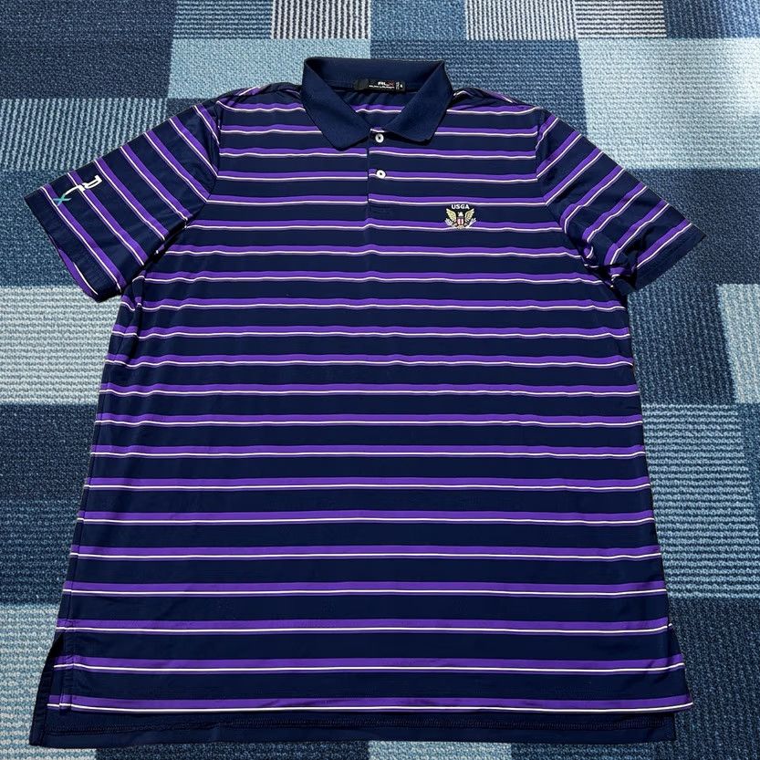 Vintage Polo Ralph Lauren Rlx Purple Black Striped Golf Shirt Mens 1XL Usga Stretch, Men's