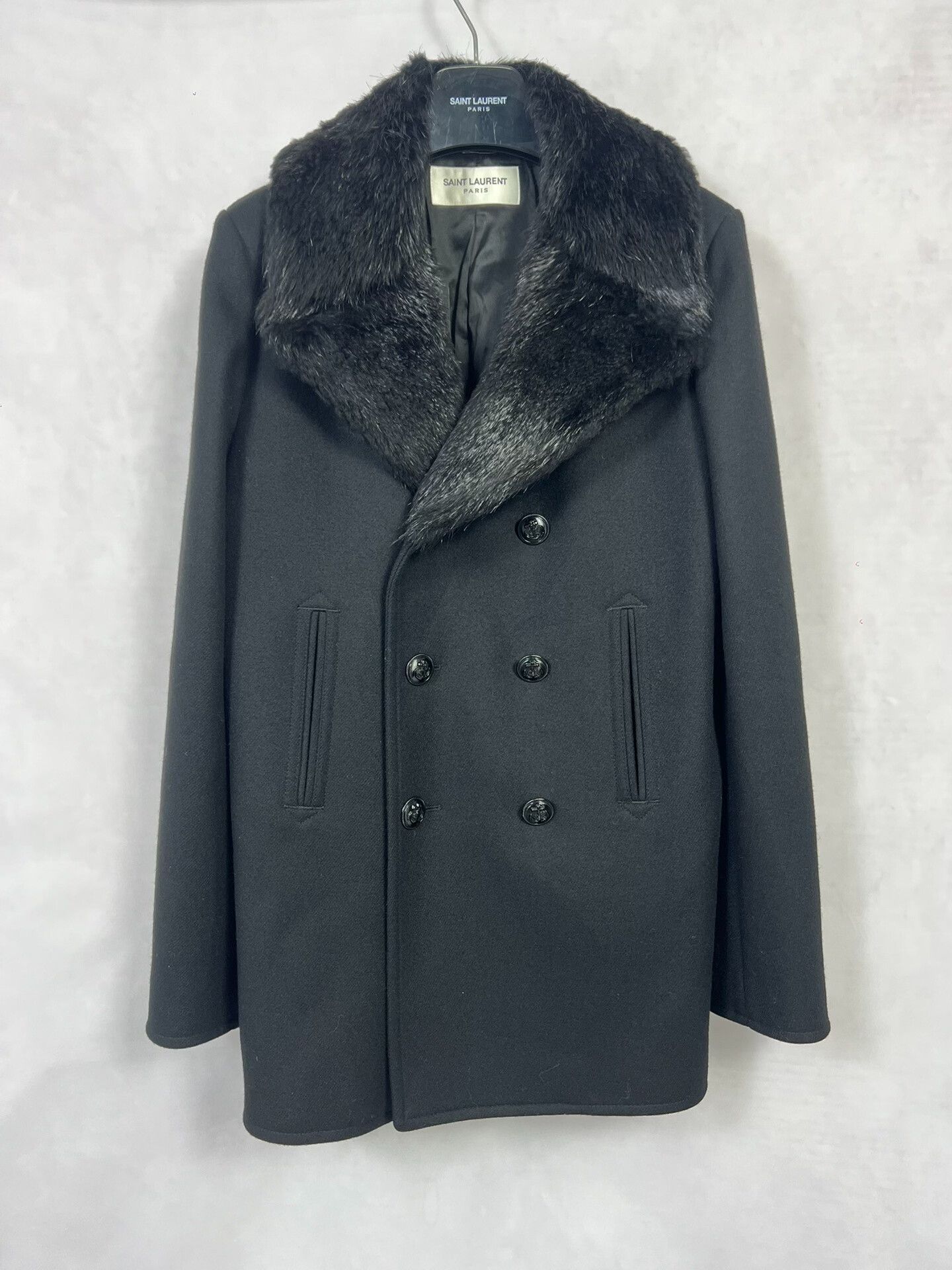 Saint Laurent Paris Saint Laurent Black Wool Coat with Fur Collar Size US M / EU 48-50 / 2 - 1 Thumbnail