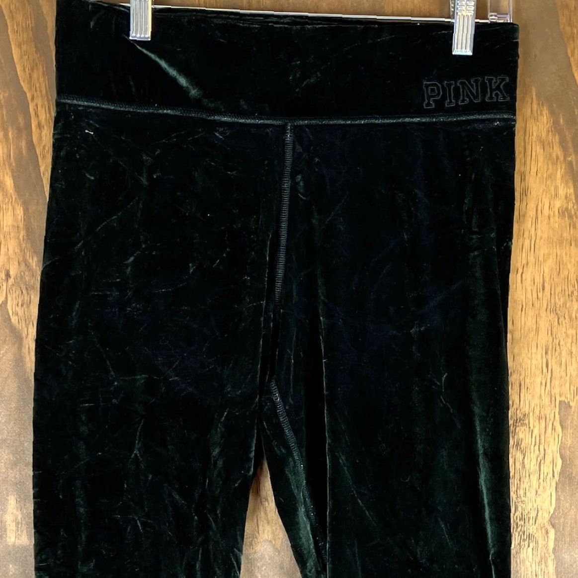 Vintage Victoria Secret PINK Pants Womens Large Green Velvet Leggings Stretch Pull On Size 29" - 2 Thumbnail