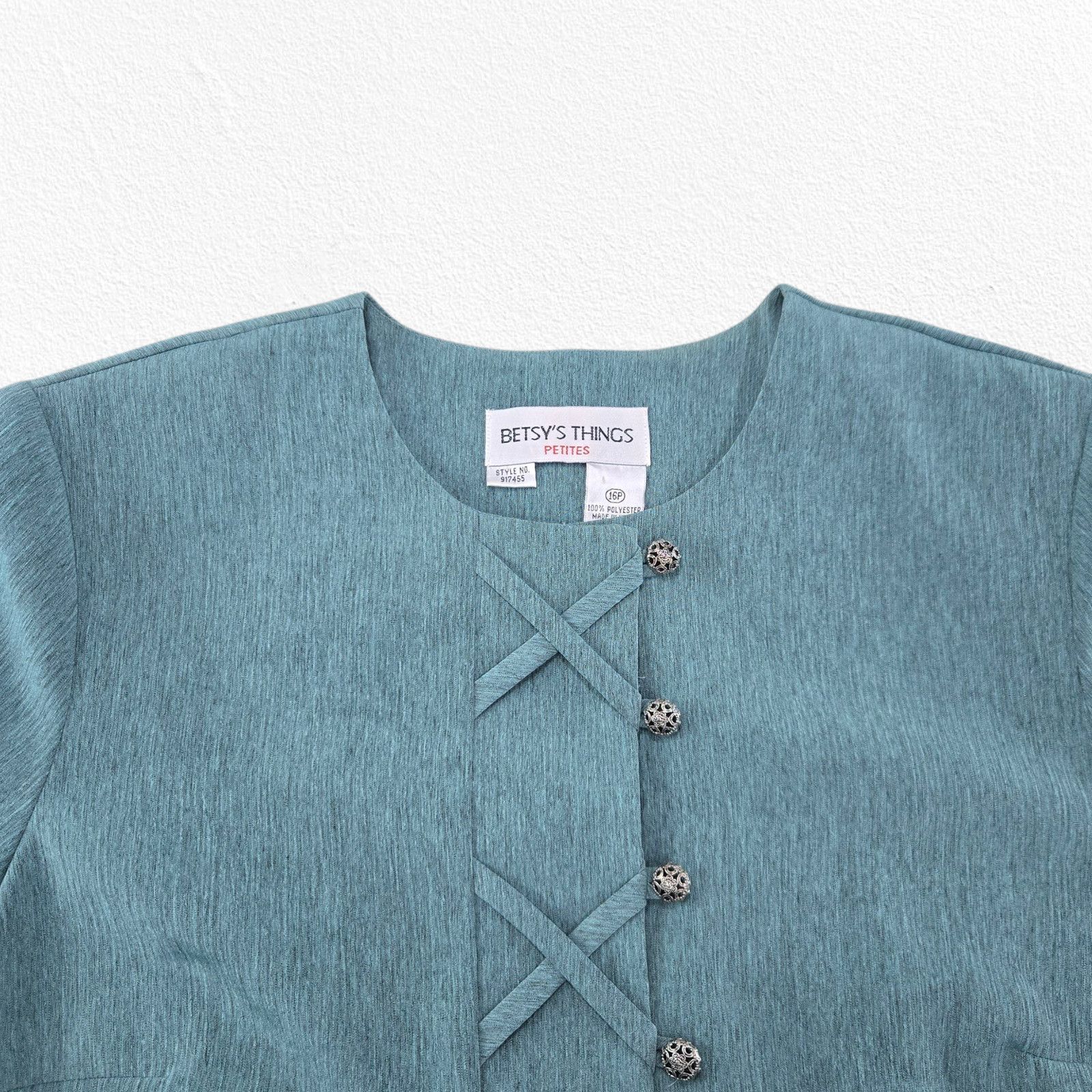 Vintage 1990s Teal Short Sleeve Silver Button Front Blouse Size 16P Size XXL / US 16-18 / IT 52-54 - 3 Thumbnail