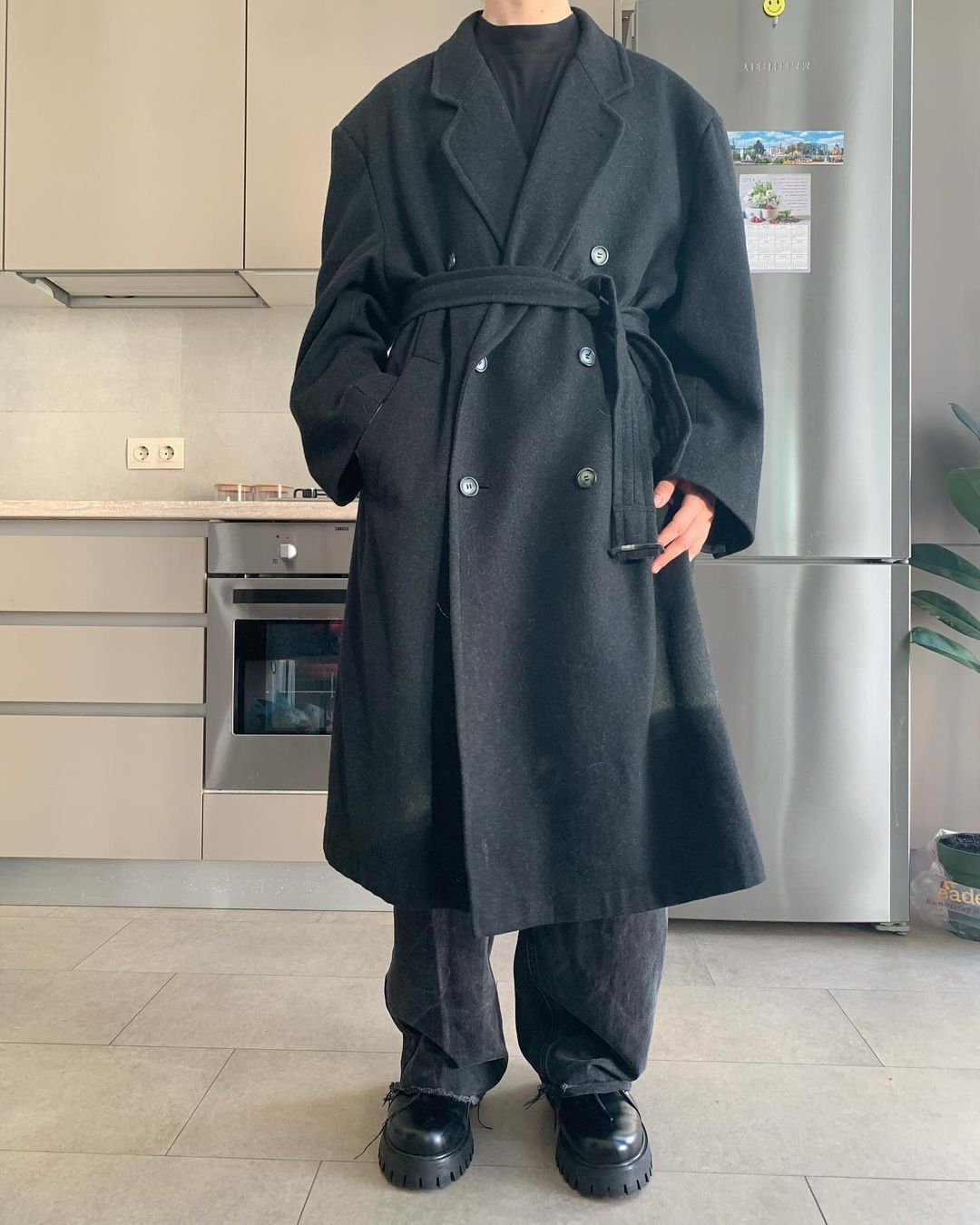 image of Cashmere Wool x Vintage Oversized Wool Coat In Dark Grey in Black, Men's (Size XL)