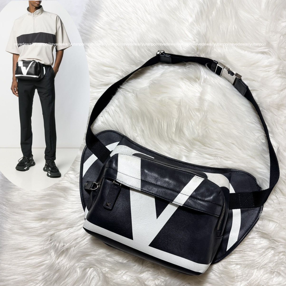 Valentino Studded Zip Giant V Logo Leather Sling Body Bag