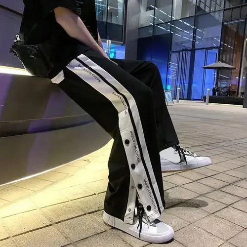 image of Vintage Sweatpants Loose Side Split Buttons in Black, Women's (Size 32)