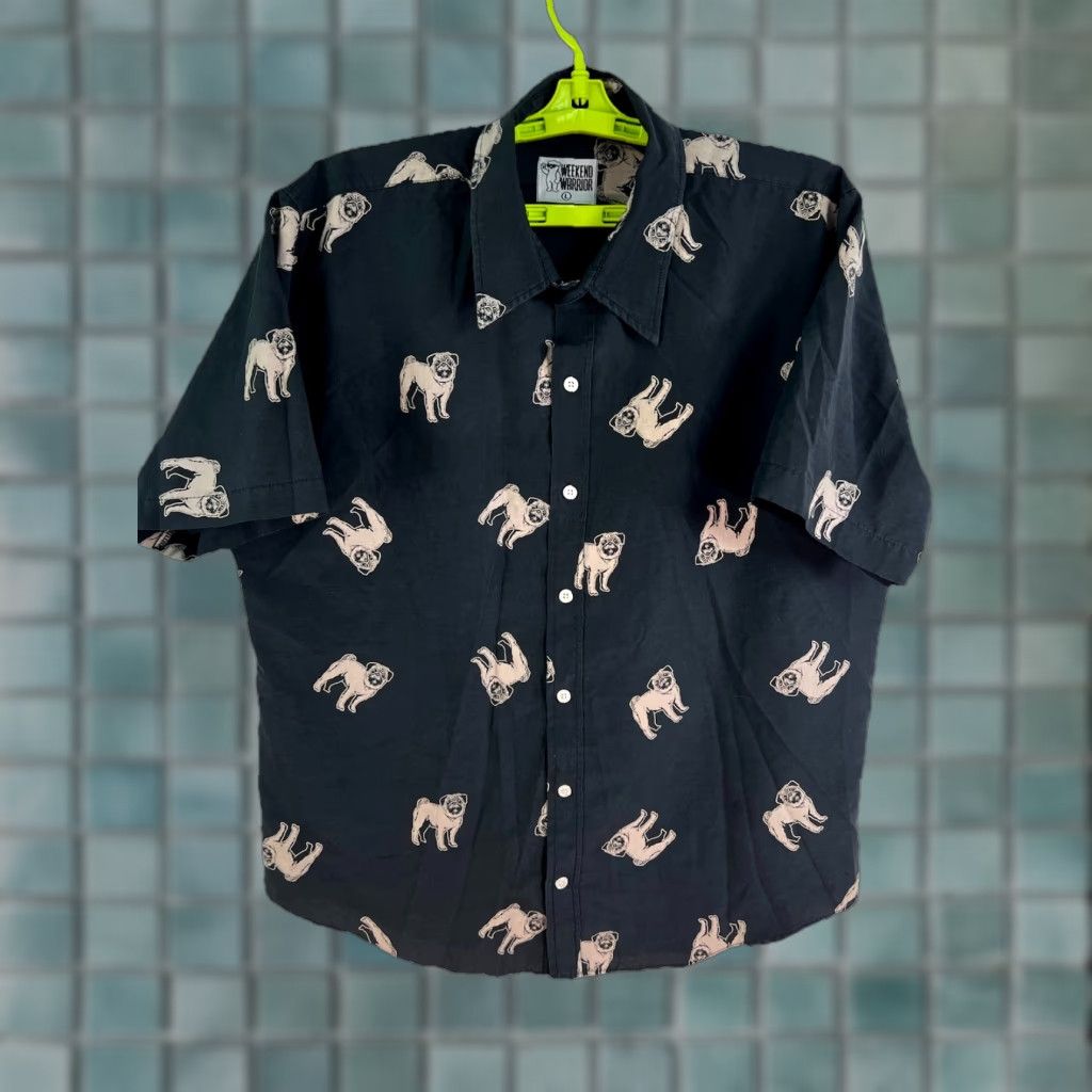 Vintage VINTAGE Weekend Warrior PUG Graphic Print Button-Up Shirt Men's Large Black AOP Short Sleeve Dog Theme Size US L / EU 52-54 / 3 - 1 Thumbnail