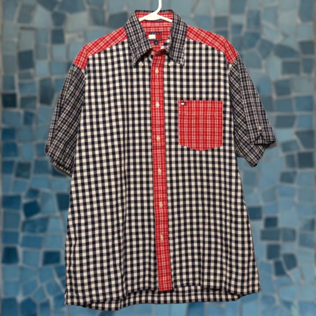 Tommy Hilfiger Tommy Hilfiger Men's Short Sleeve Button-Up Patchwork Gingham Shirt Black Red 90s Multicolor Cotton Regular M Mens Size US 31 - 1 Thumbnail